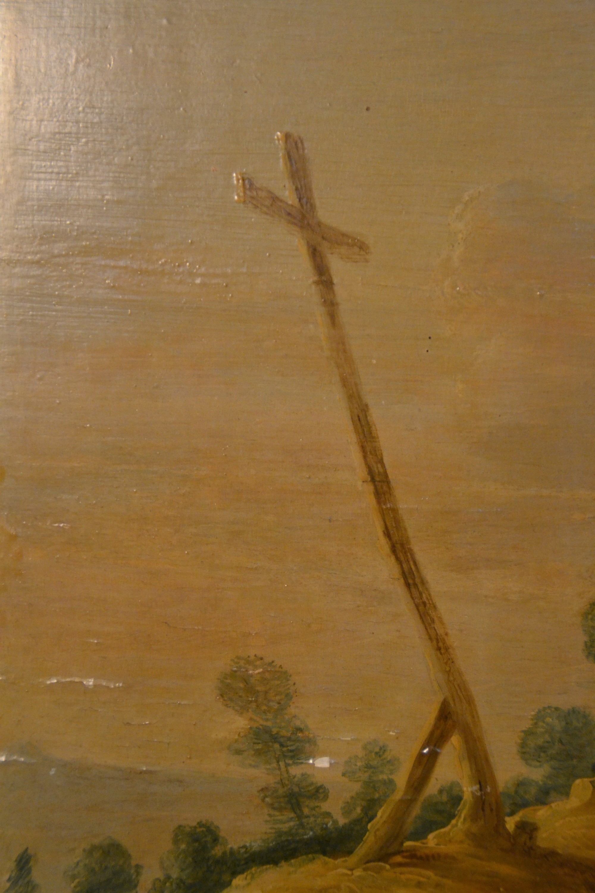 Detail e: David Teniers II, 1610-1690, Landschaft mit Wegekreuz und Personen, Öl/Holz, parkettiert, mit einigen Farbaufwerfungen und Farbabblätterungen, ...