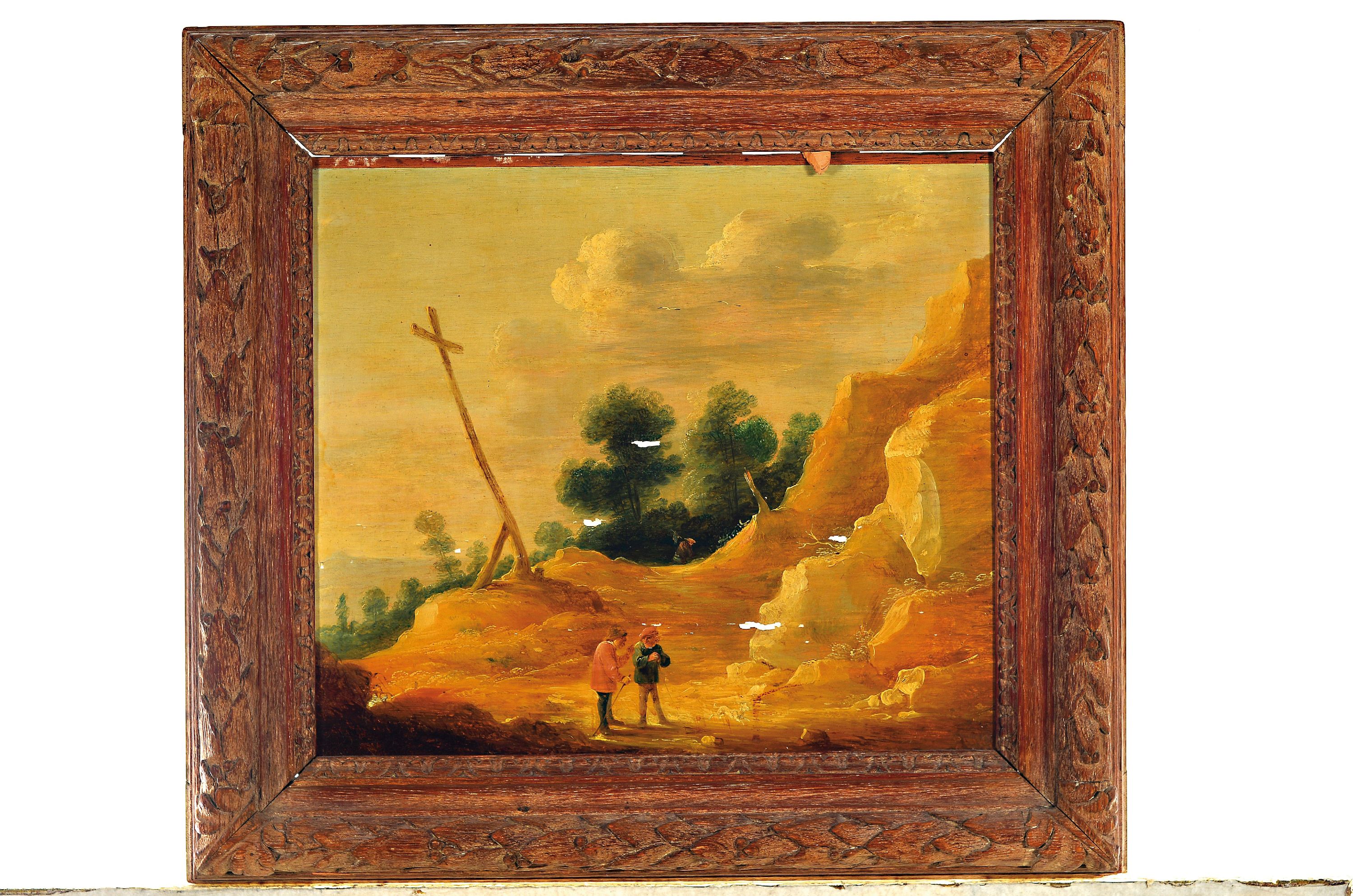 Detail k: David Teniers II, 1610-1690, Landschaft mit Wegekreuz und Personen, Öl/Holz, parkettiert, mit einigen Farbaufwerfungen und Farbabblätterungen, ...