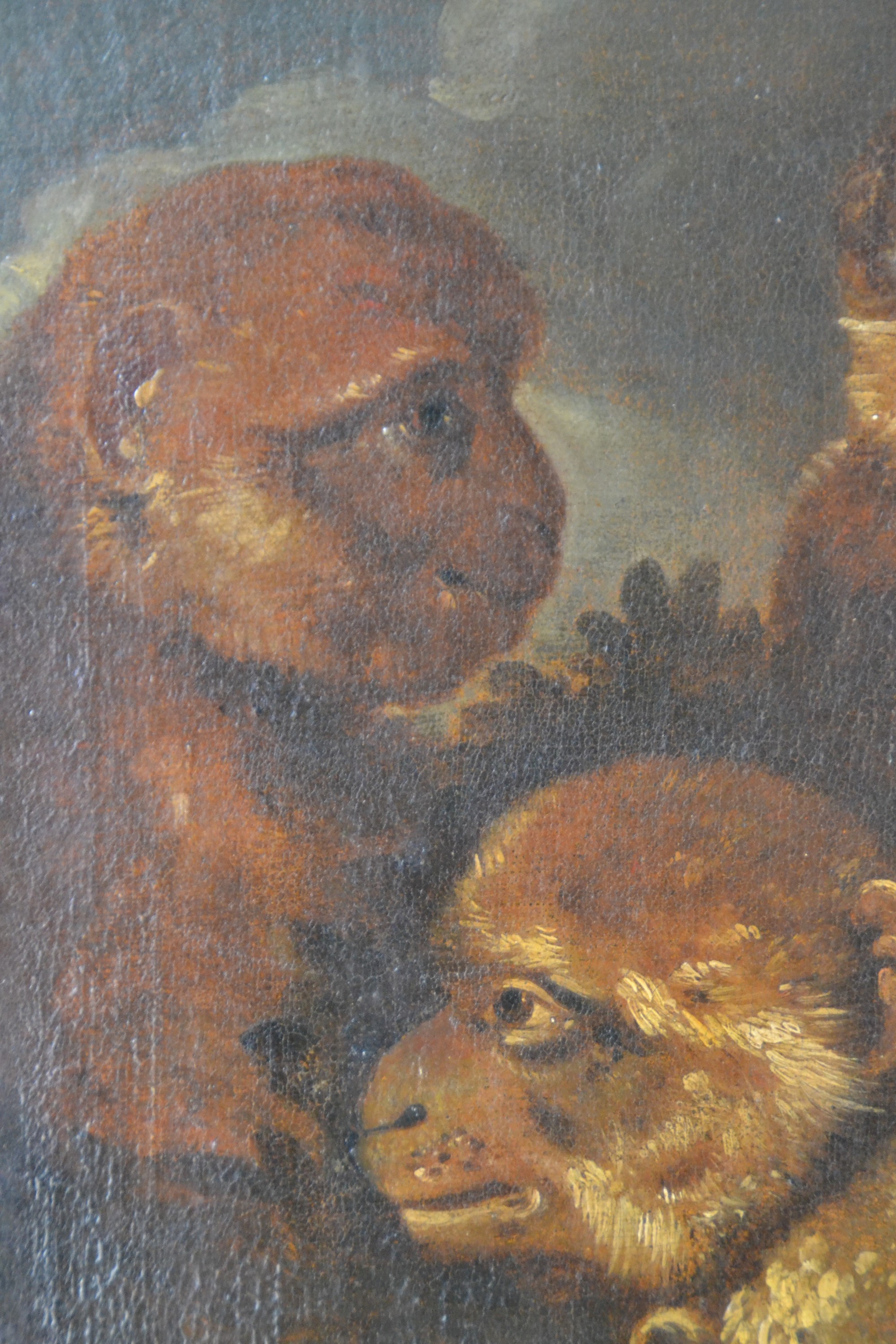 Detail e: Zuschreibung: Francesco Londonio, 1723-1783 Mailand, drei Affen, Öl/Lwd, unsigniert, ca. 62x40cm, R. ca. 78x55cm
