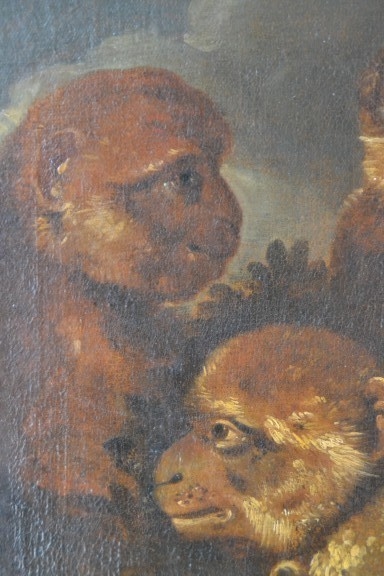 Detail f: Zuschreibung: Francesco Londonio, 1723-1783 Mailand, drei Affen, Öl/Lwd, unsigniert, ca. 62x40cm, R. ca. 78x55cm