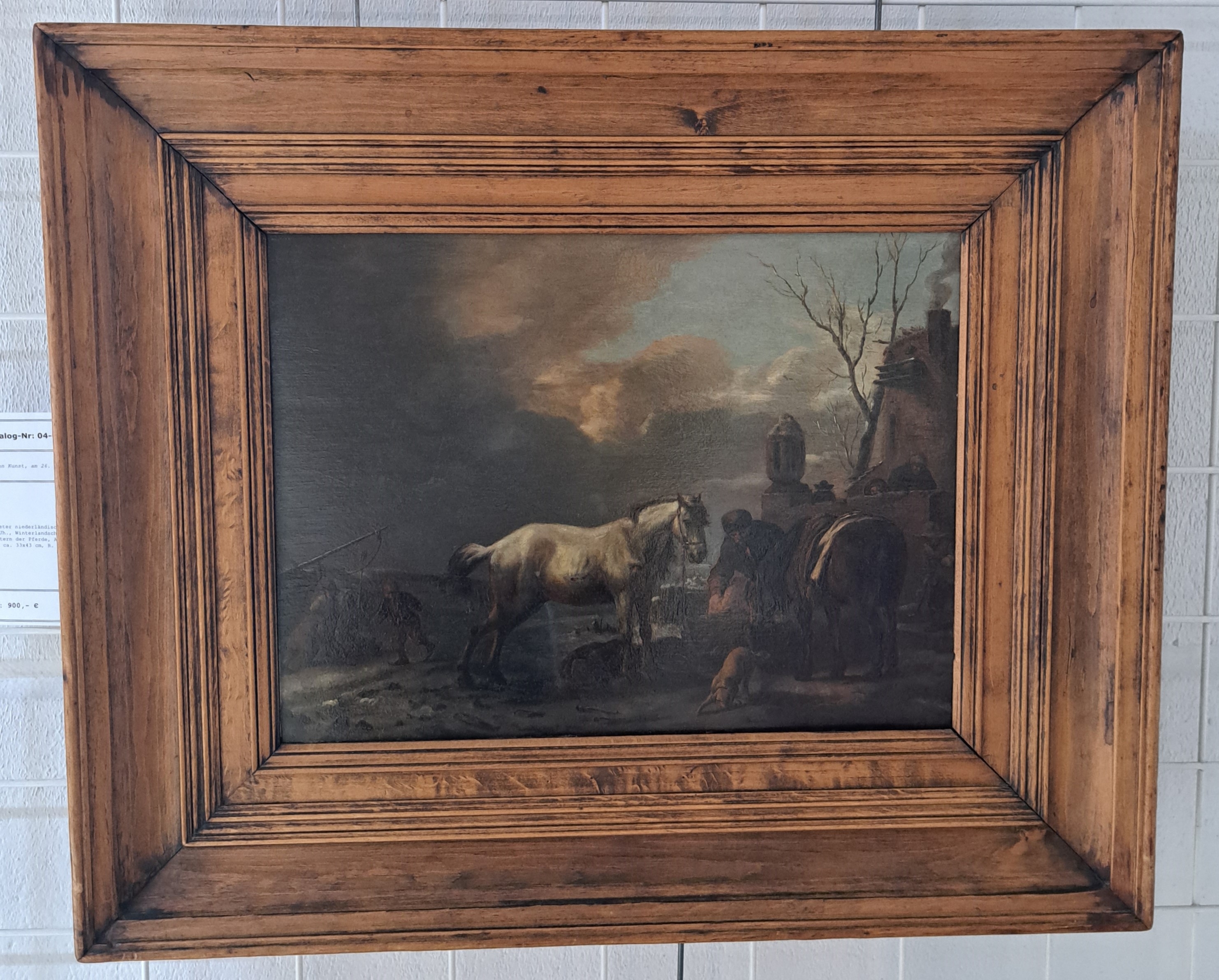 Detail a: Ungedeuteter niederländischer Künstler des 19. Jh., Winterlandschaft, ein Mann beim Füttern der Pferde, Abendstimmung, Öl/Holz, ca. 33x43 cm, R. ...