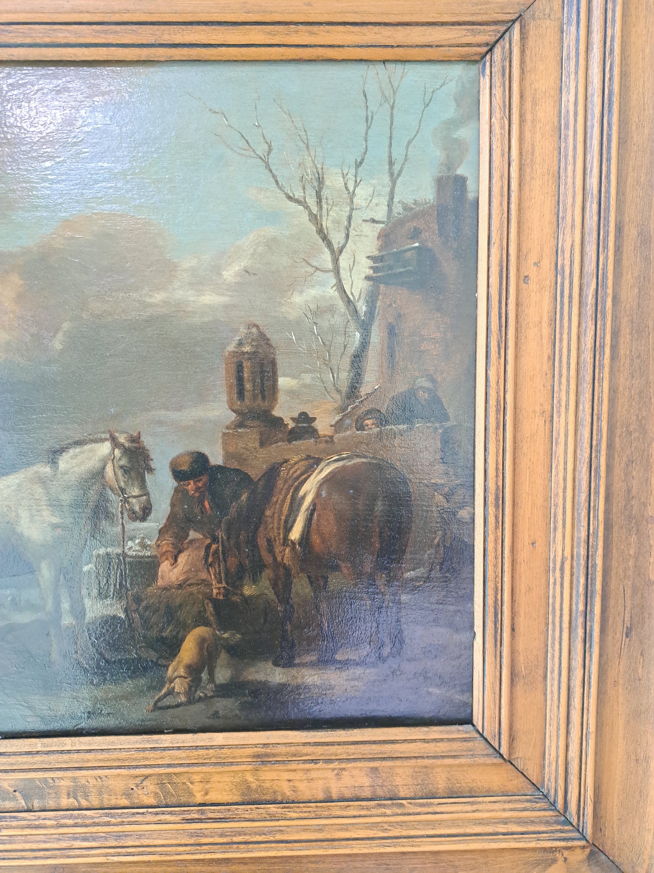 Detail c: Ungedeuteter niederländischer Künstler des 19. Jh., Winterlandschaft, ein Mann beim Füttern der Pferde, Abendstimmung, Öl/Holz, ca. 33x43 cm, R. ...