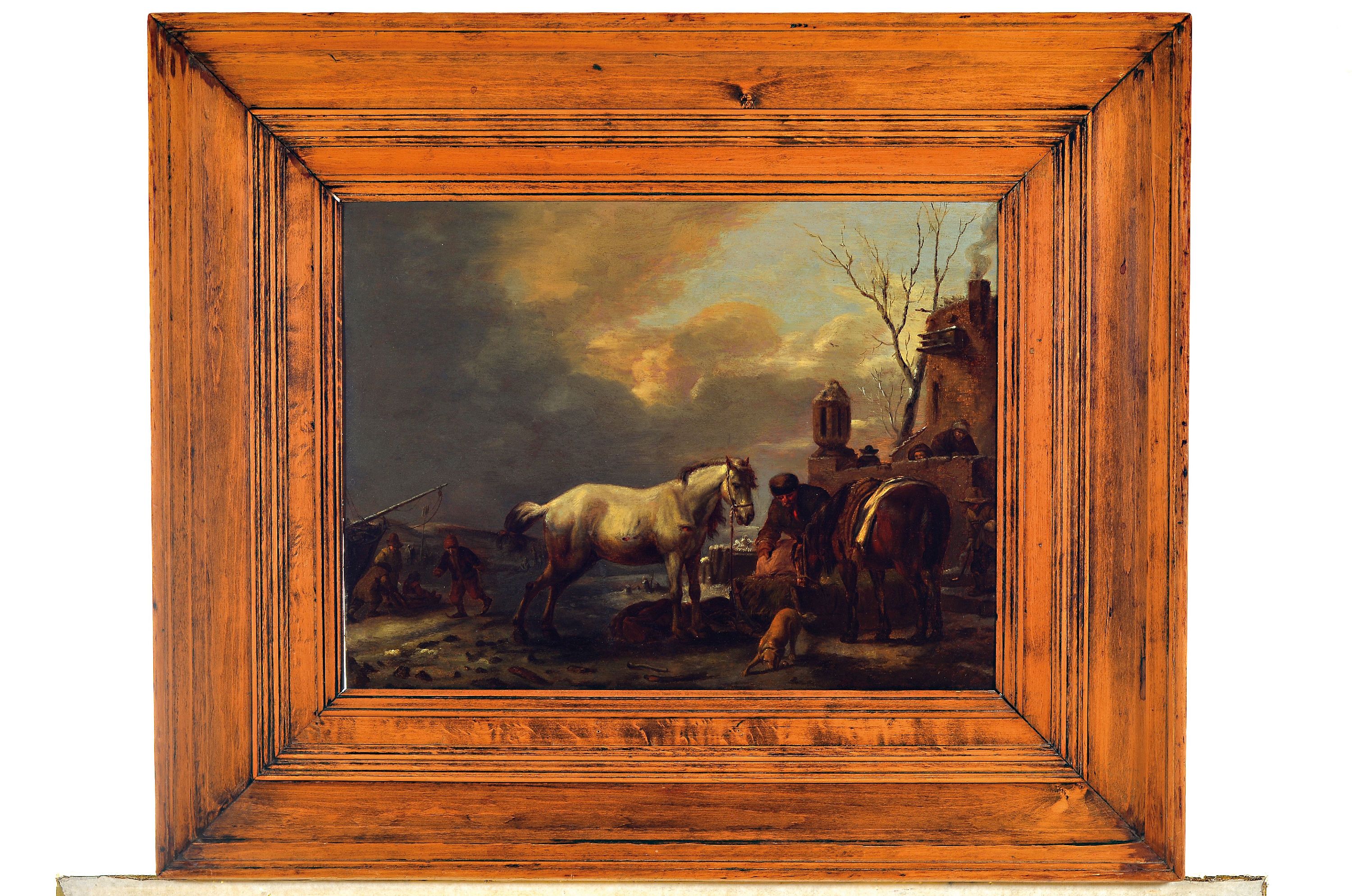 Detail k: Ungedeuteter niederländischer Künstler des 19. Jh., Winterlandschaft, ein Mann beim Füttern der Pferde, Abendstimmung, Öl/Holz, ca. 33x43 cm, R. ...