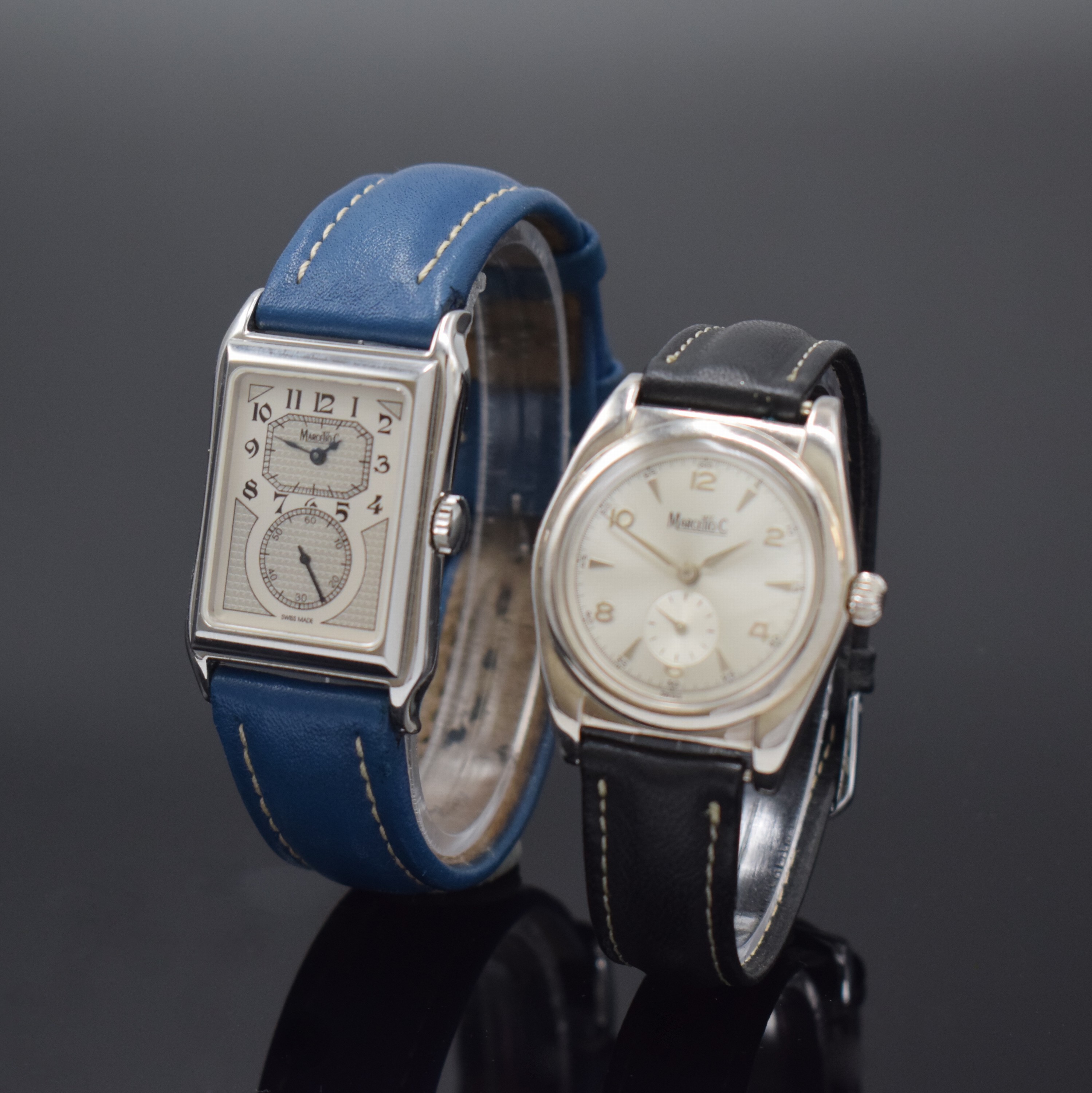 Set 2 MARCELLO C Herrenarmbanduhren, beide Handaufzug und beidseitig vergl., Schweiz um 1995, 1 x Edelstahl, sog. Doctors-Watch m. aus der Mitte gez. ...