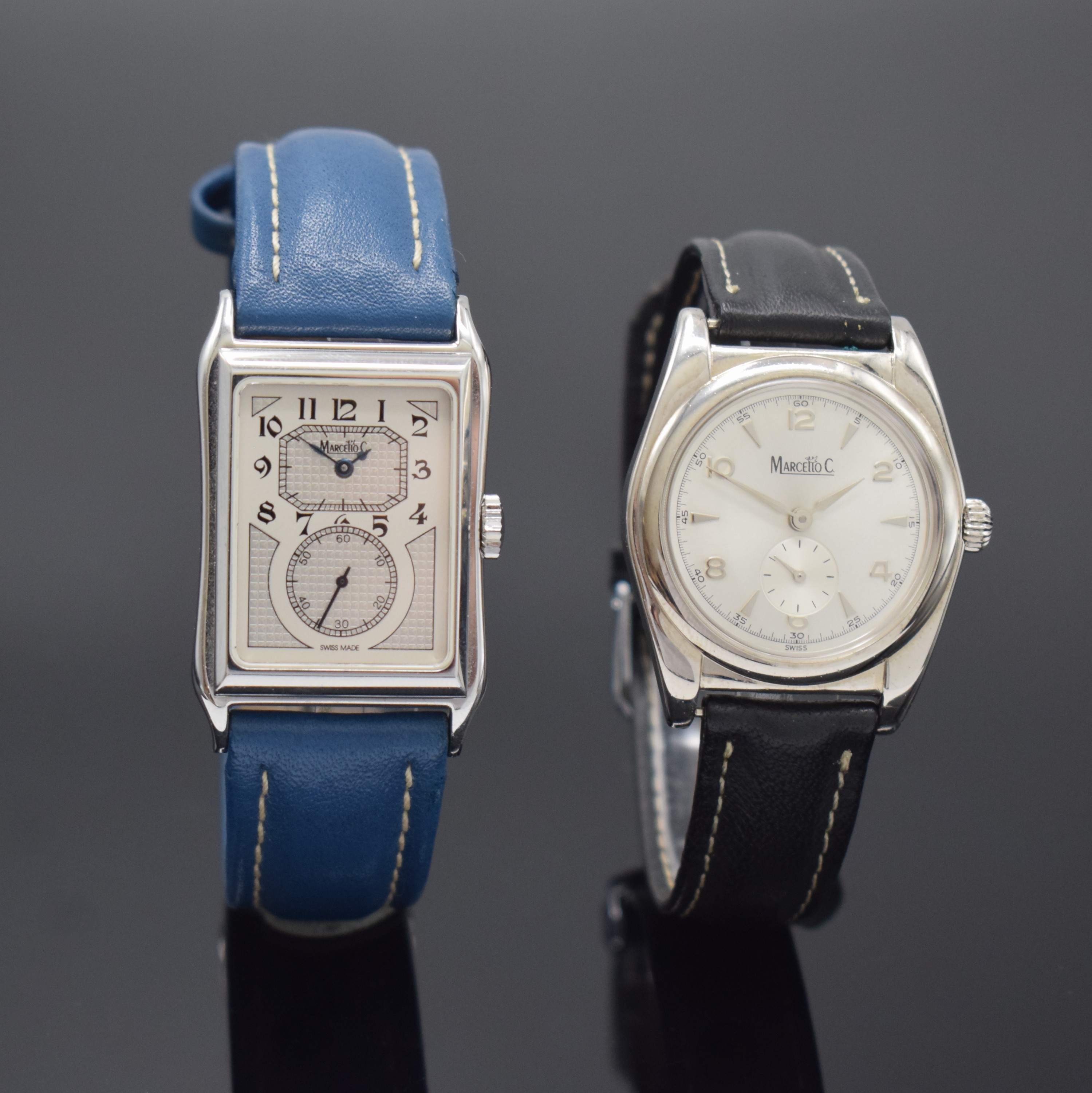 Detail c: Set 2 MARCELLO C Herrenarmbanduhren, beide Handaufzug und beidseitig vergl., Schweiz um 1995, 1 x Edelstahl, sog. Doctors-Watch m. aus der Mitte gez. ...