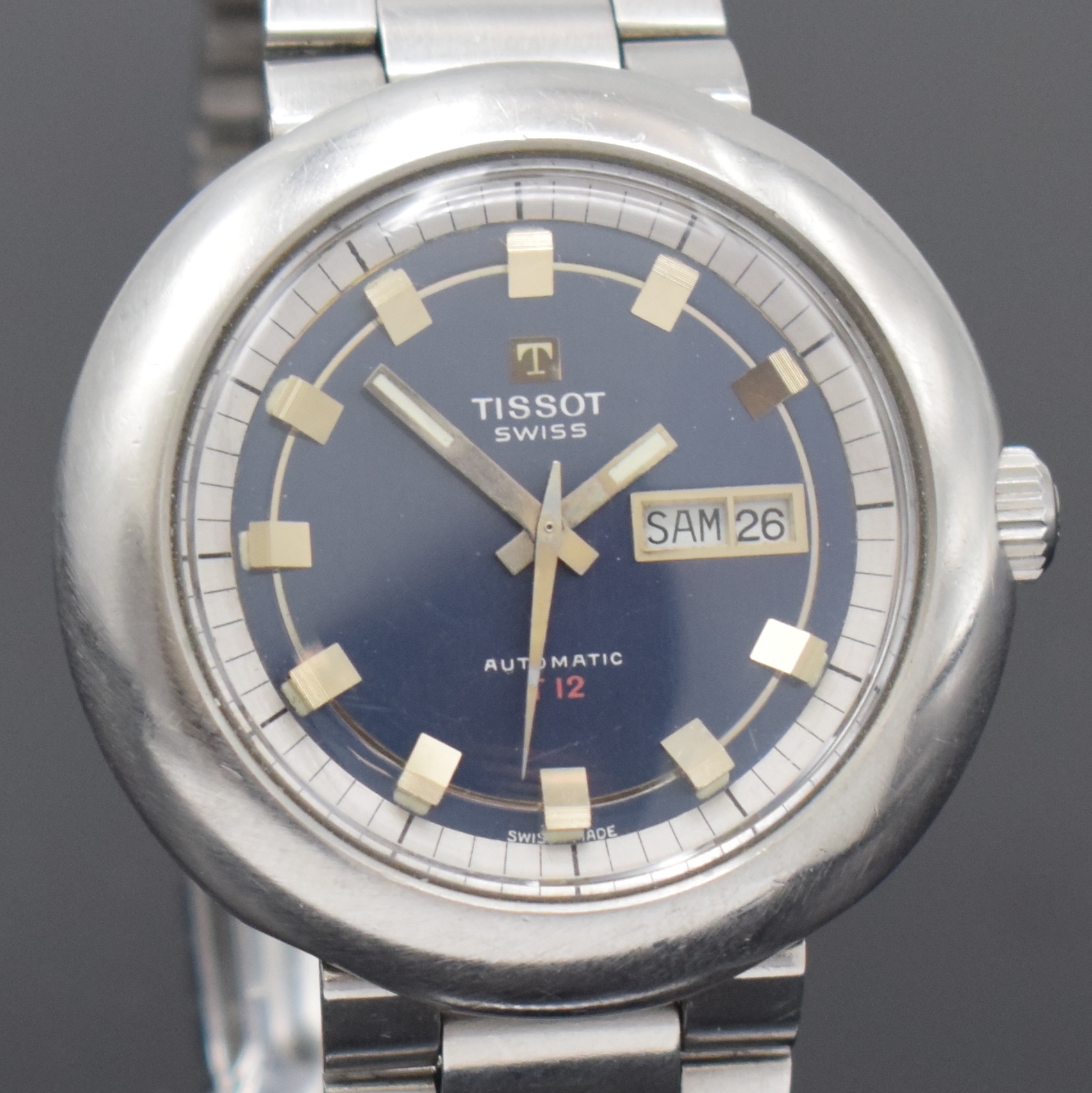 Detail c: TISSOT seltene, übergroße Herrenarmbanduhr T 12 Referenz 46643 an original Gay Freres Gliederband, Automatik, Schweiz um 1971, Boden verschr., ...