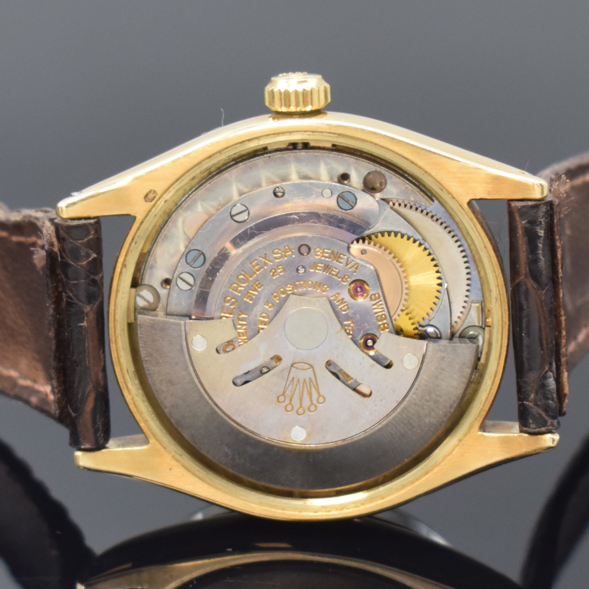 Detail f: ROLEX Armbanduhr Oyster Perpetual 34 Referenz 1003 in GG 585/000, Schweiz um 1960, Automatik, Chronometer der Superlative inkl. Lederband m. orig. ...