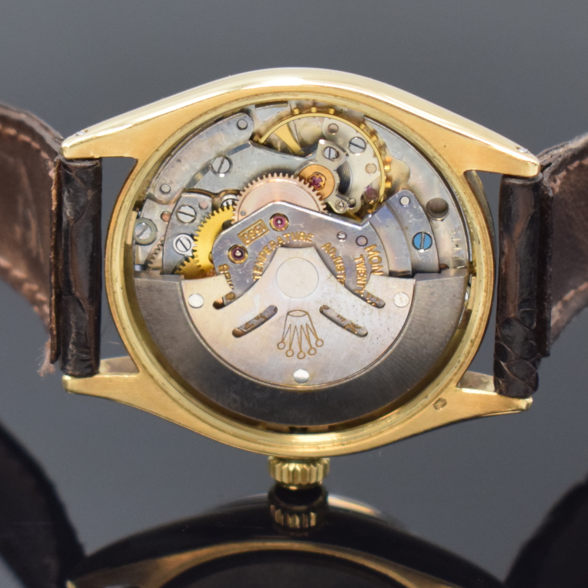Detail g: ROLEX Armbanduhr Oyster Perpetual 34 Referenz 1003 in GG 585/000, Schweiz um 1960, Automatik, Chronometer der Superlative inkl. Lederband m. orig. ...