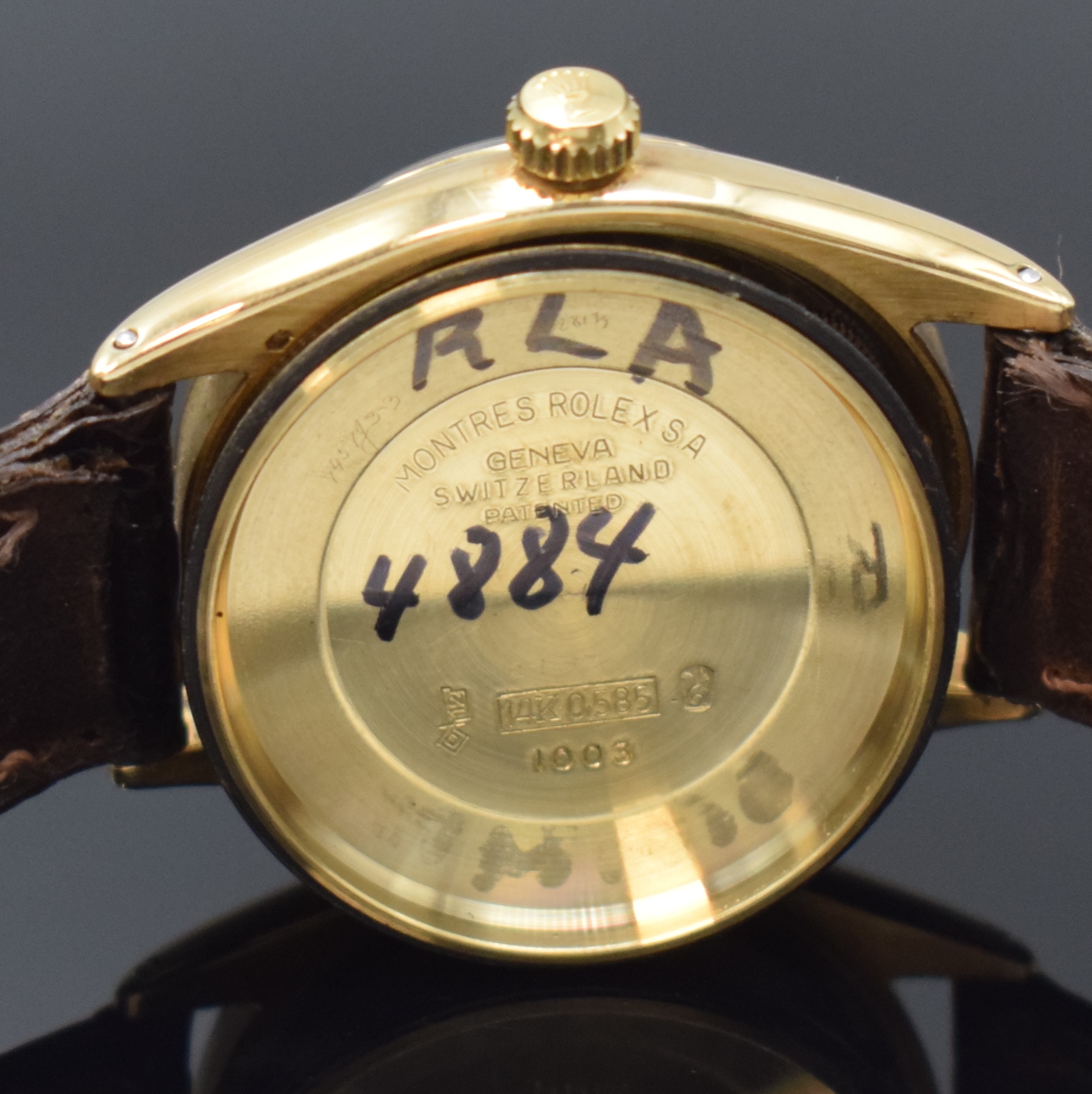 Detail h: ROLEX Armbanduhr Oyster Perpetual 34 Referenz 1003 in GG 585/000, Schweiz um 1960, Automatik, Chronometer der Superlative inkl. Lederband m. orig. ...