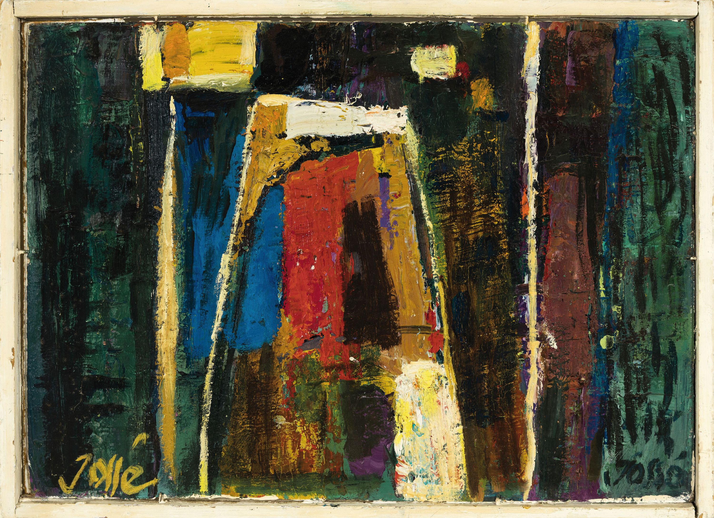 Detail k: Friedrich Jossé, 1897 Wolfstein/Pfalz-1994 Speyer, Bunter Kegel, Öl/Hartfaser, rechts und links unten signiert, rückseitig betitelt und dat. 1967, ...