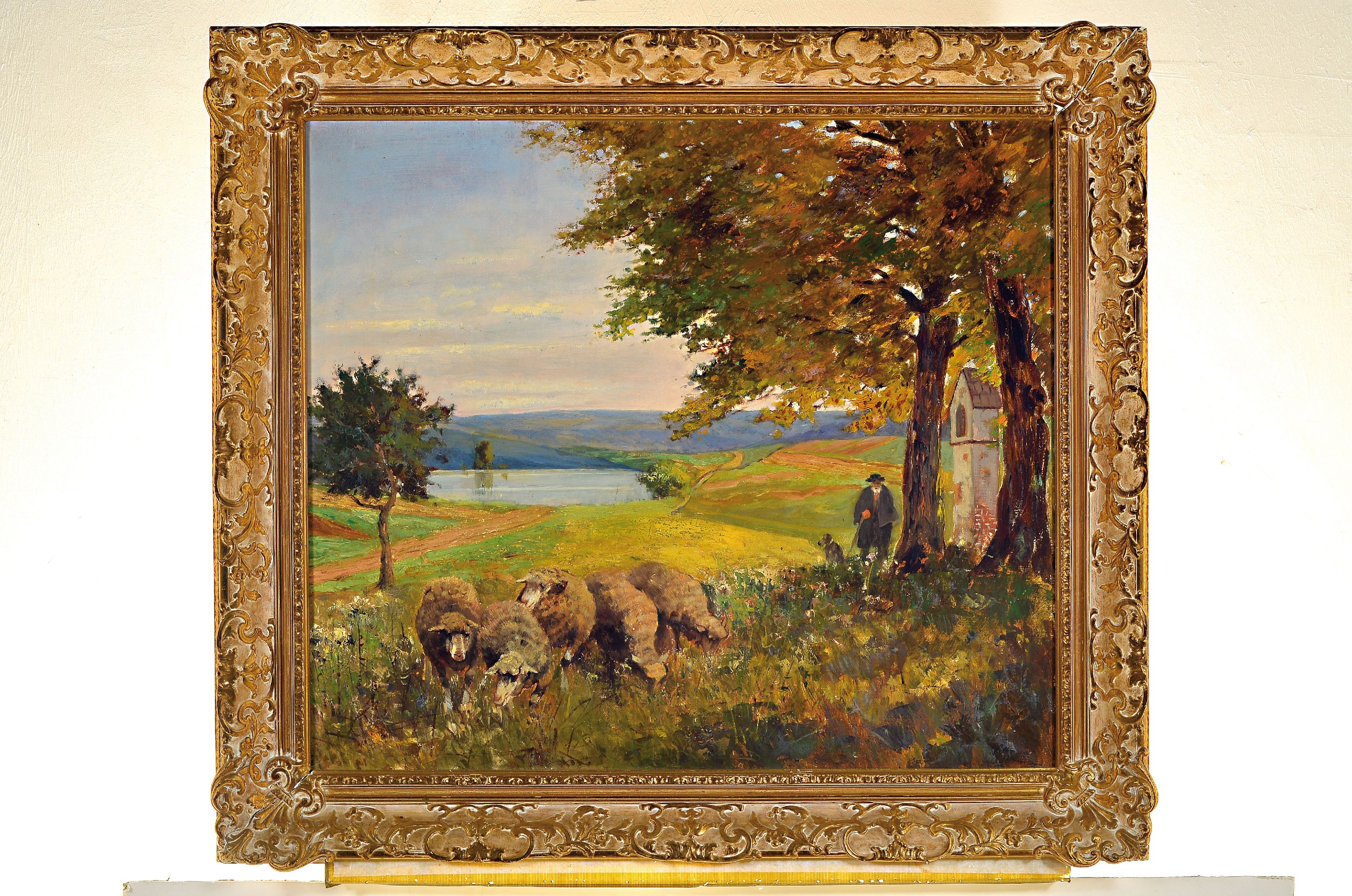 Detail k: Unbekannter Maler des frühen 20. Jh., Schäfer mit seiner Herde in hügeliger Landschaft mit See, Öl/Lwd, rechts unten unleserlich signiert, ca. ...