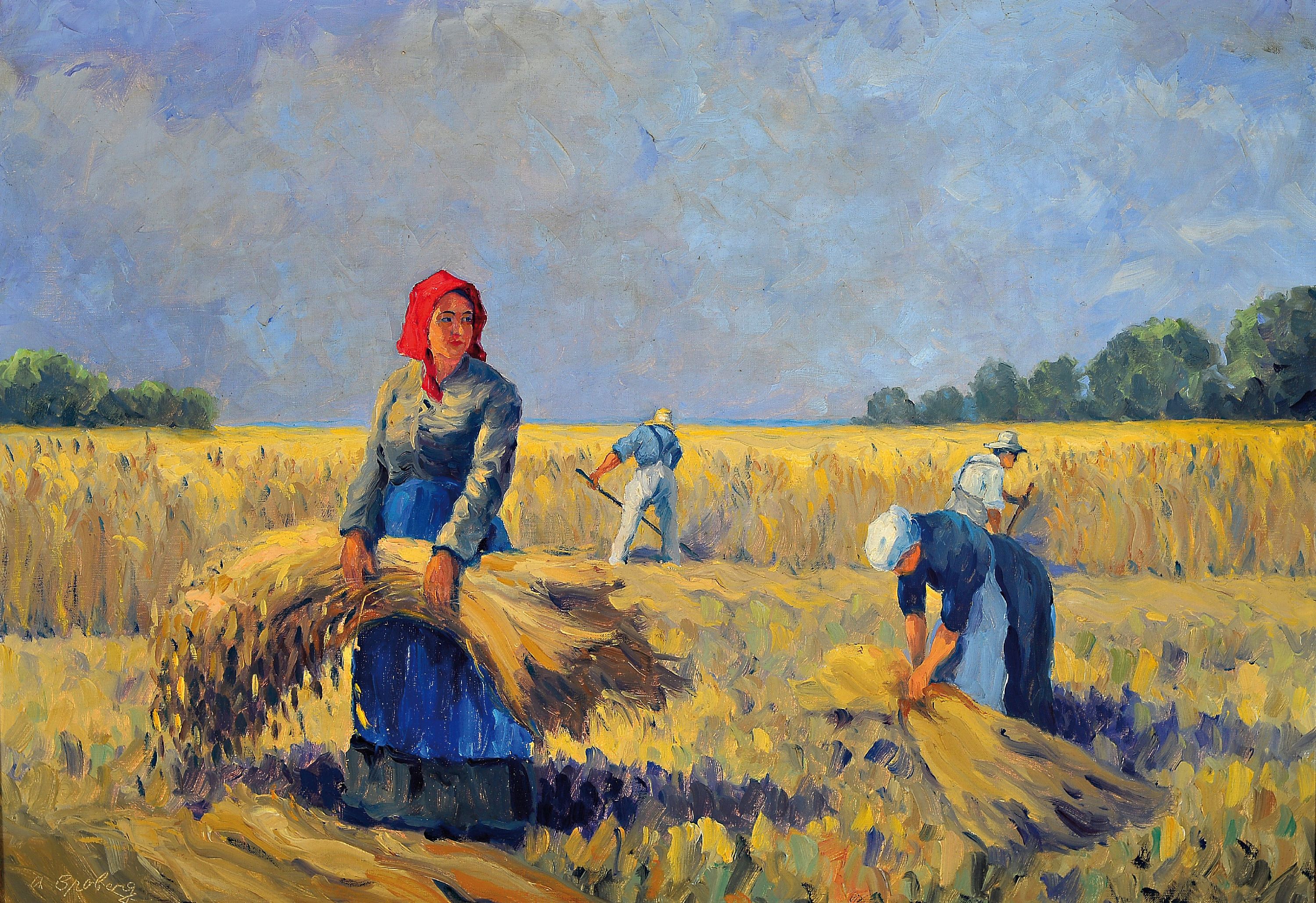 August Broberg, 1887-1973 Hamburg, Bei der Getreideernte, Öl/Lwd, links unten signiert, ca. 70x100cm, R. ca. 90x120cm