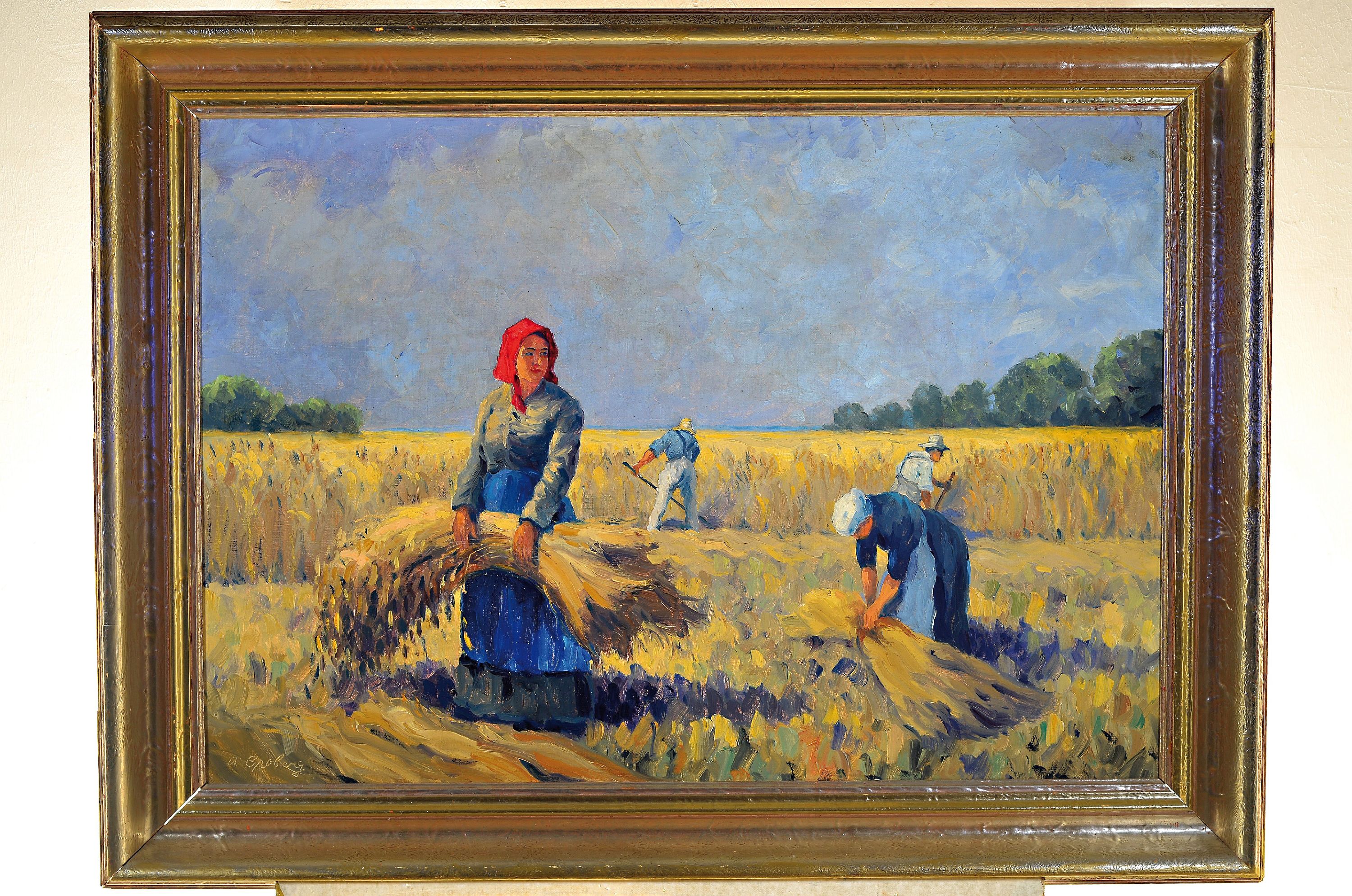 Detail k: August Broberg, 1887-1973 Hamburg, Bei der Getreideernte, Öl/Lwd, links unten signiert, ca. 70x100cm, R. ca. 90x120cm