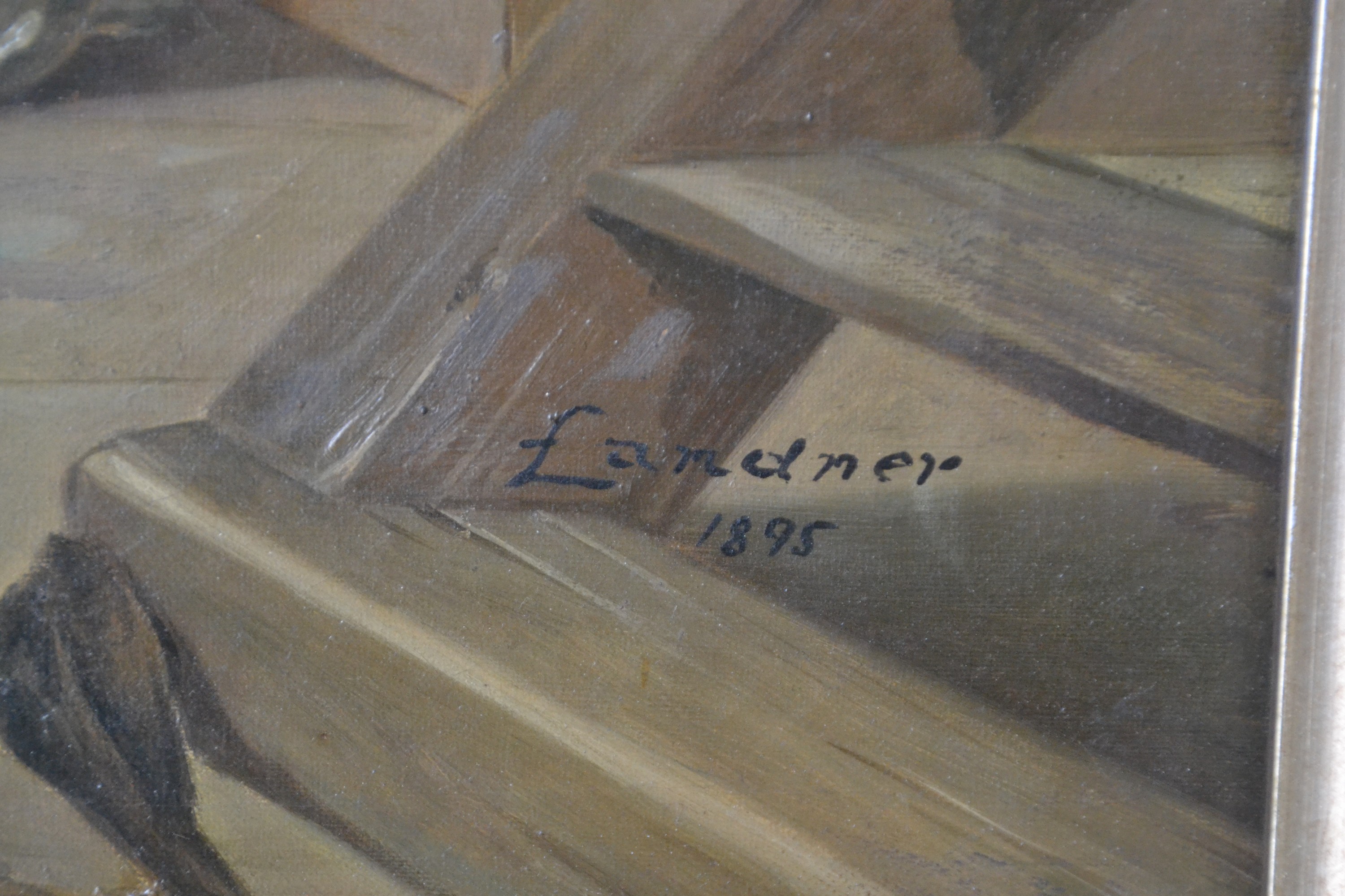 Detail a: Landner, Genremaler, datiert 1895, Jäger im Gespräch in der Stube, Öl/Lwd, rechts unten sign. und dat. ca. 53x80cm, R. ca. 69x96cm