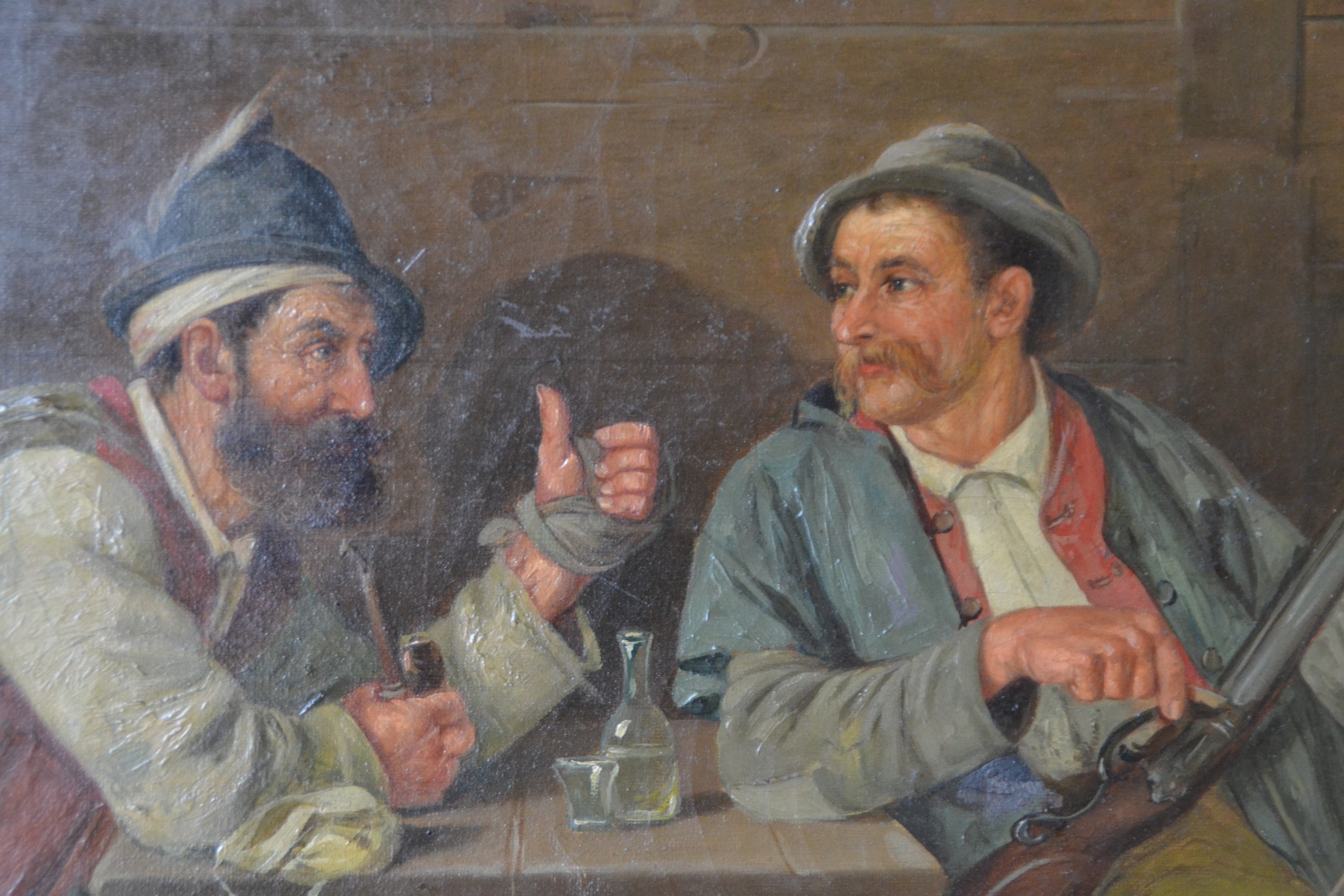 Detail b: Landner, Genremaler, datiert 1895, Jäger im Gespräch in der Stube, Öl/Lwd, rechts unten sign. und dat. ca. 53x80cm, R. ca. 69x96cm