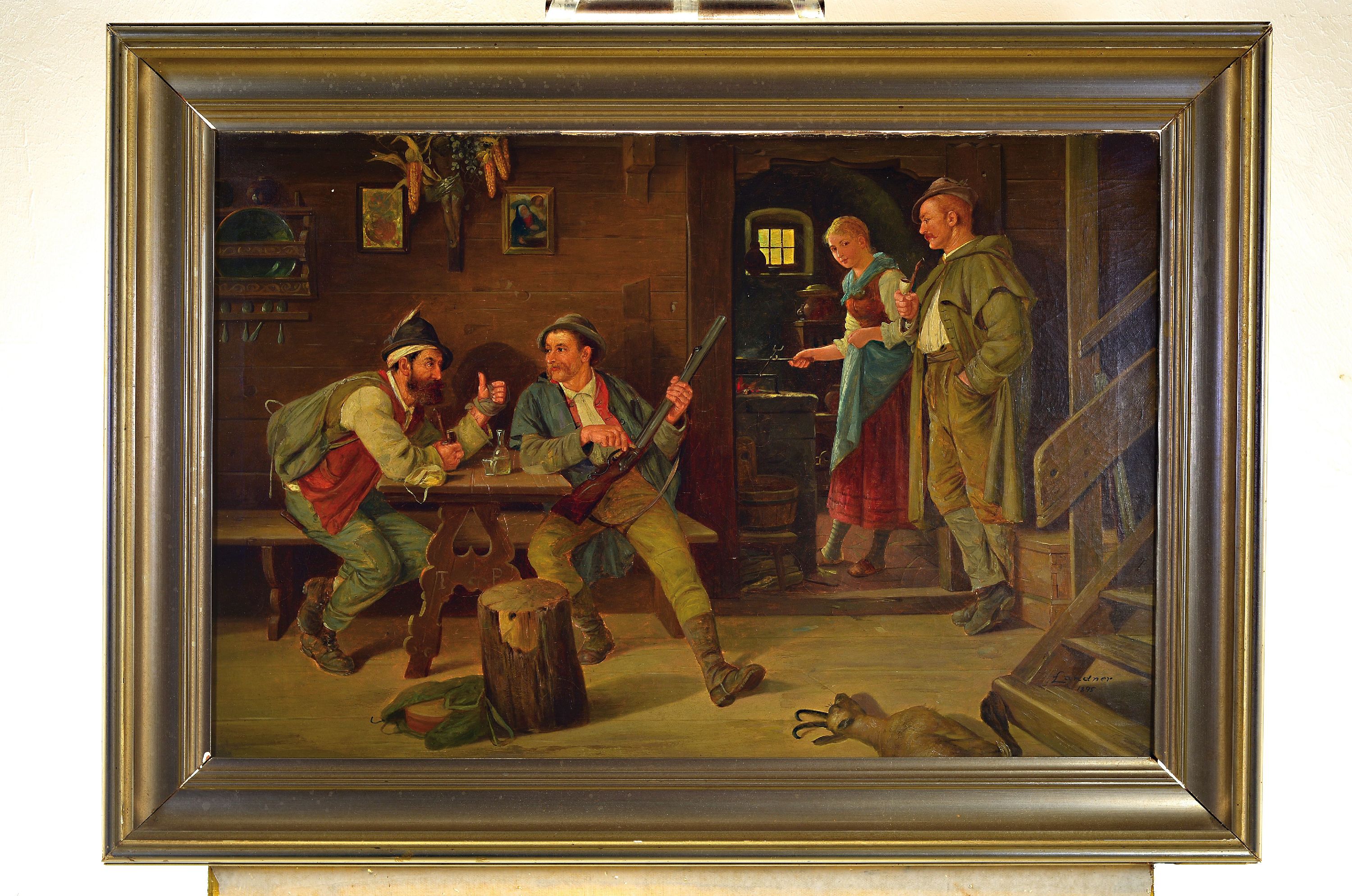 Detail k: Landner, Genremaler, datiert 1895, Jäger im Gespräch in der Stube, Öl/Lwd, rechts unten sign. und dat. ca. 53x80cm, R. ca. 69x96cm
