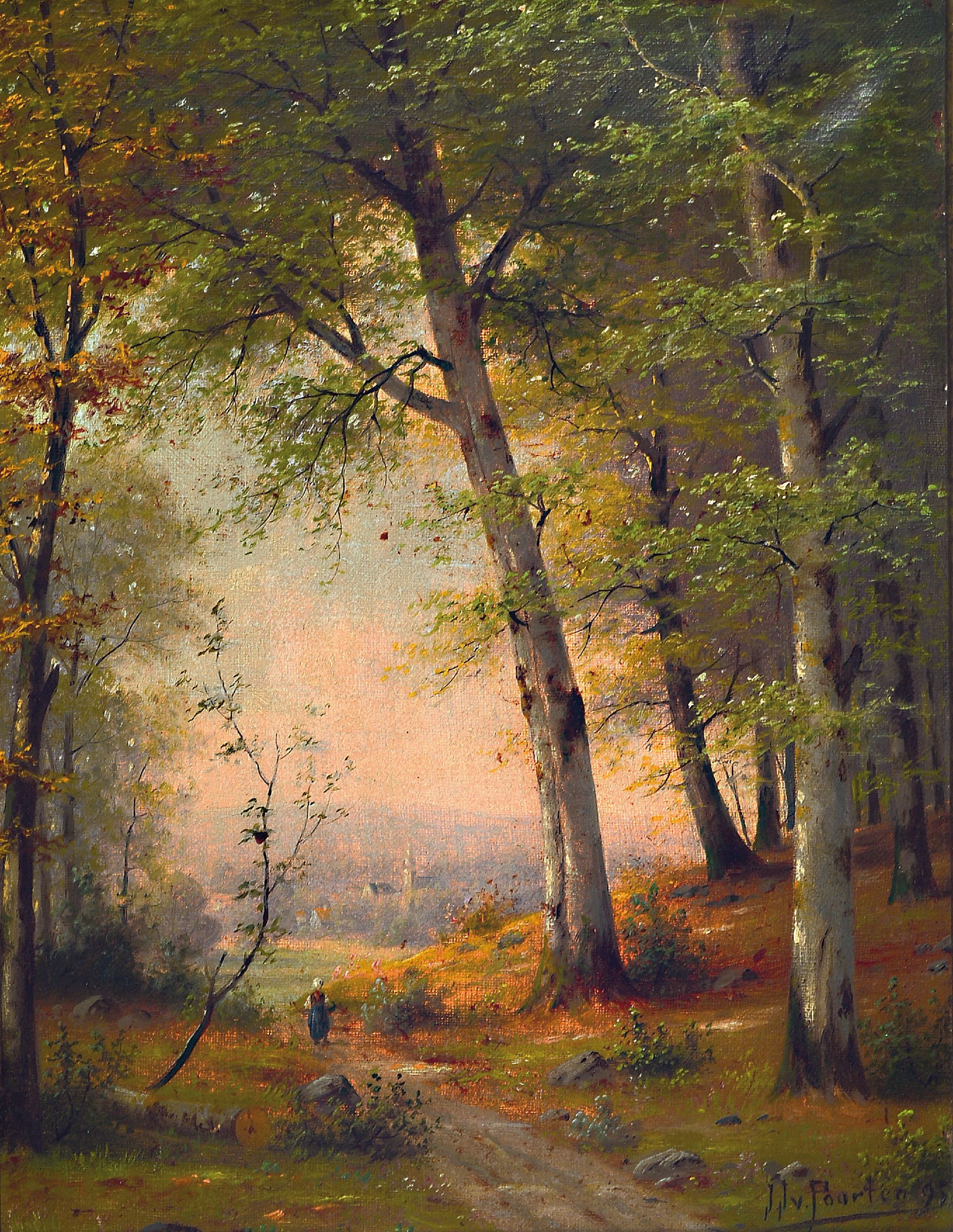 Jacobus Johannes van Poorten, 1841-1914, Blick durch einen Waldweg auf eine Bäuerin und das Dorf im Hintergrund, Öl/Lwd, rechts unten sign., ca. ...