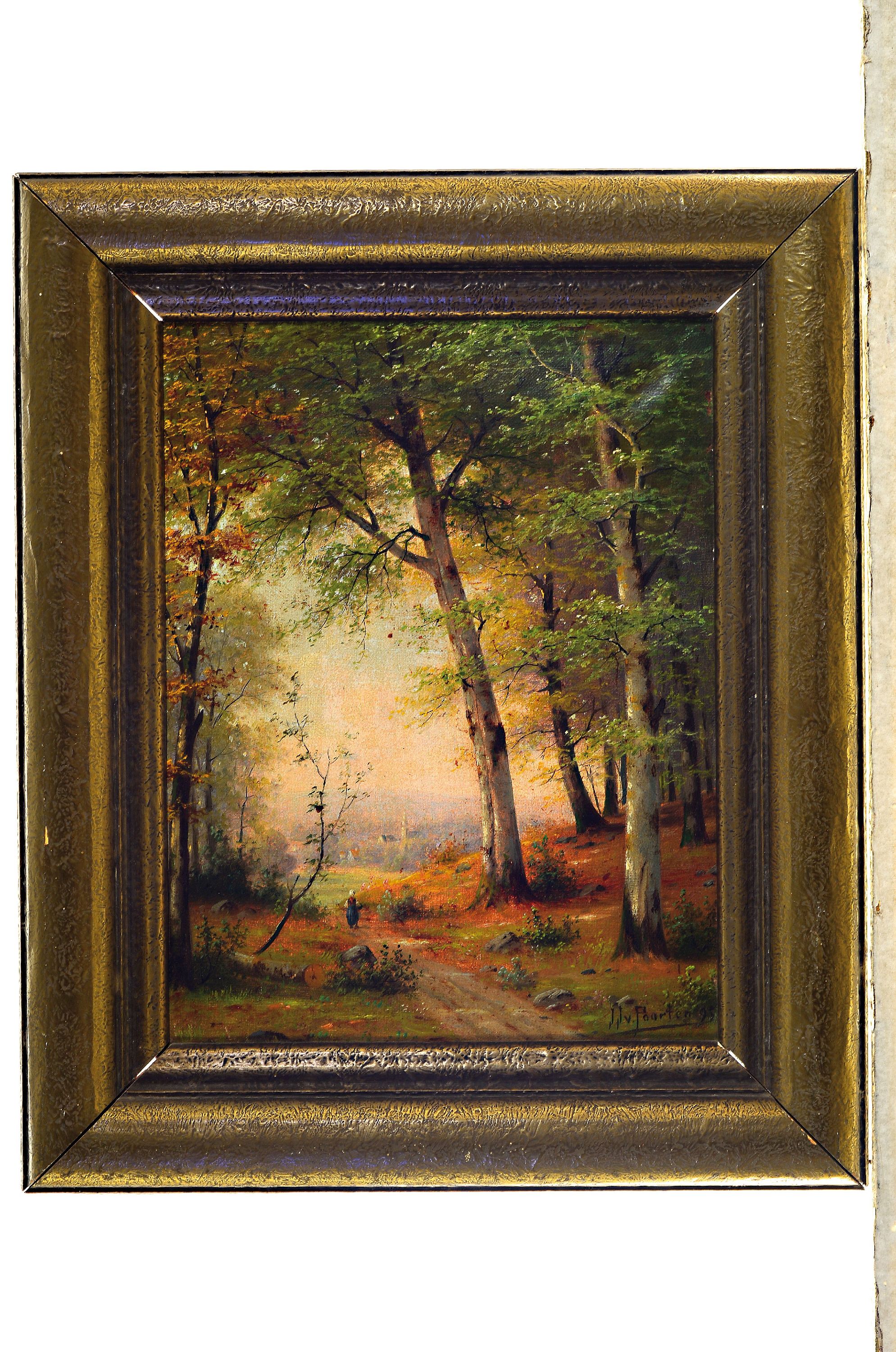 Detail k: Jacobus Johannes van Poorten, 1841-1914, Blick durch einen Waldweg auf eine Bäuerin und das Dorf im Hintergrund, Öl/Lwd, rechts unten sign., ca. ...