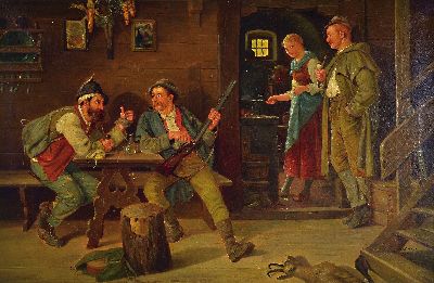 Image Landner, Genremaler, datiert 1895, Jäger im Gespräch in der Stube, ...
