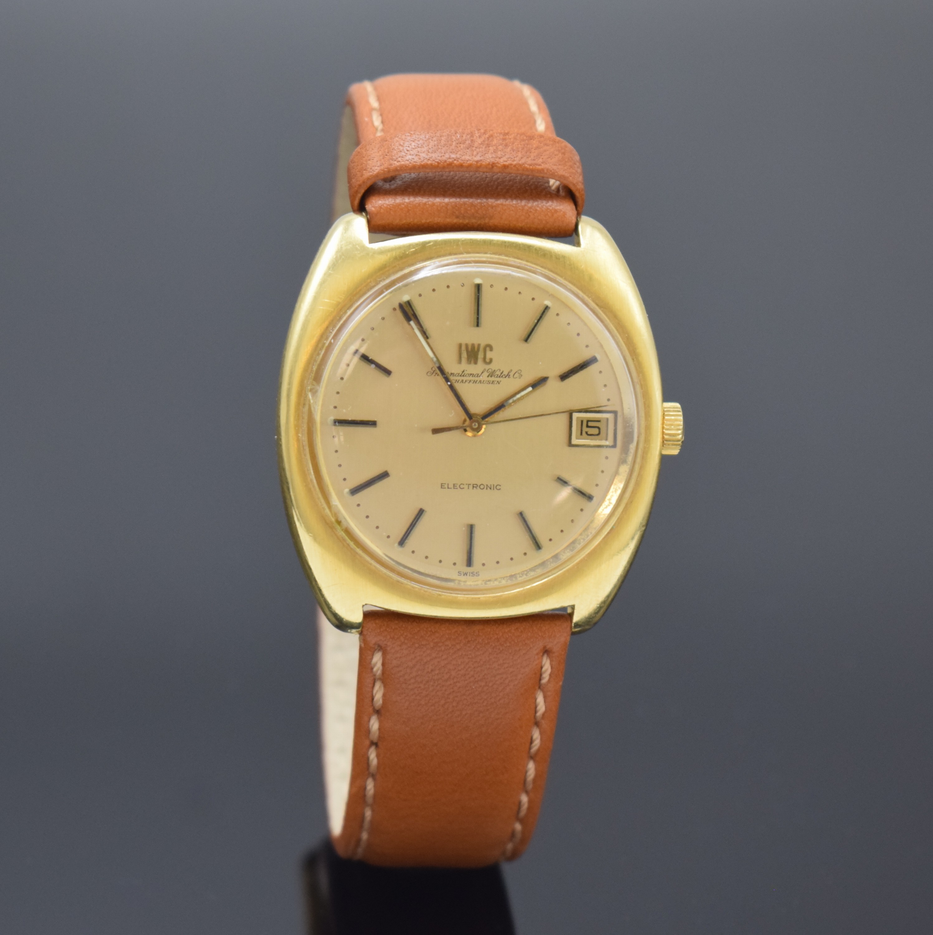 Detail b: IWC Herrenarmbanduhr Modell Electronic in GG 750/000, Schweiz um 1971, Stimmgabelschwinger, massives Geh., Boden aufgedr., gold. Zifferbl. m. aufgel. ...