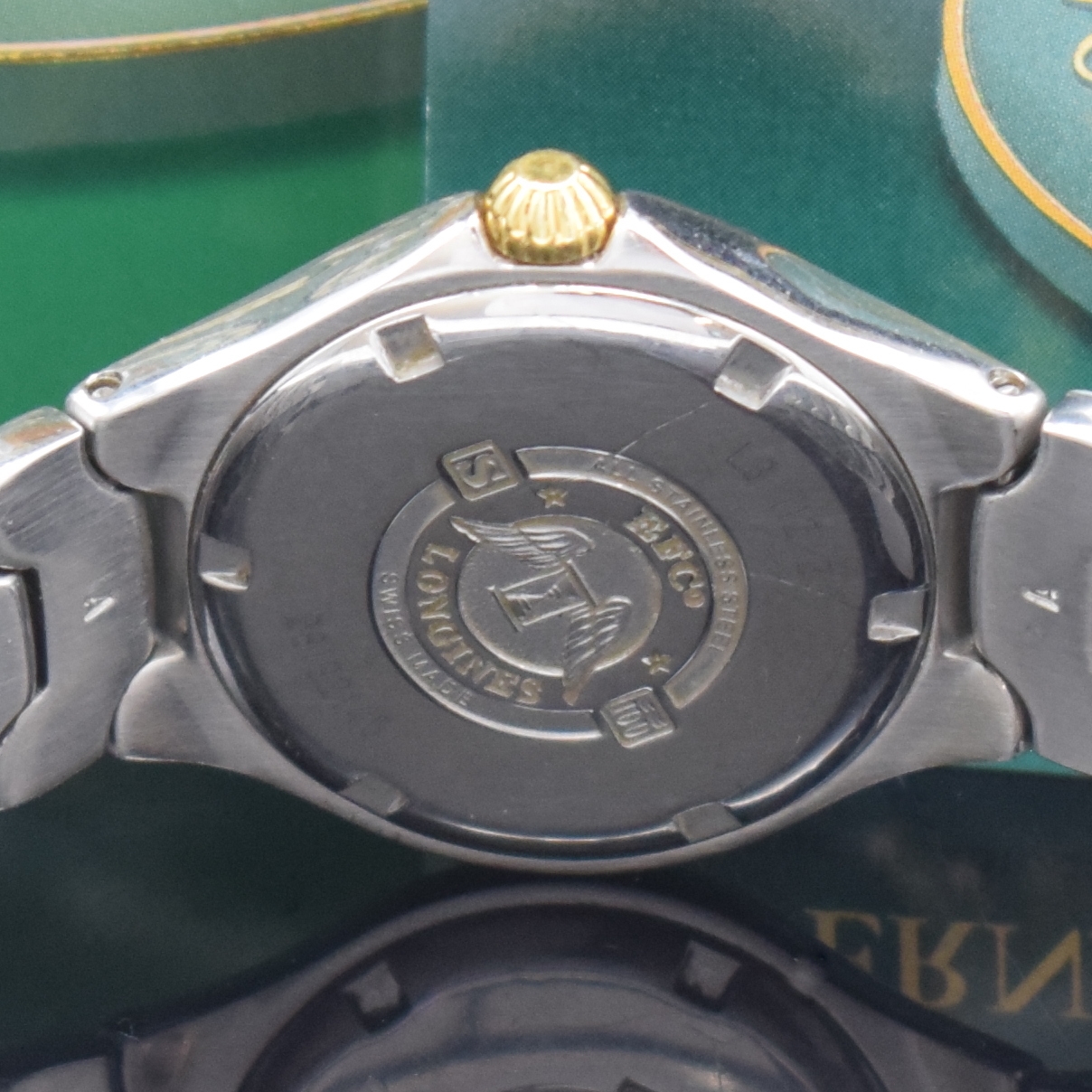 Detail c: LONGINES sportliche Damenarmbanduhr Referenz L3.112.3, quarz, z. T. verg. Edelstahlgeh. inkl. Gliederband m. dopp. Faltschl., Boden verschr., ...