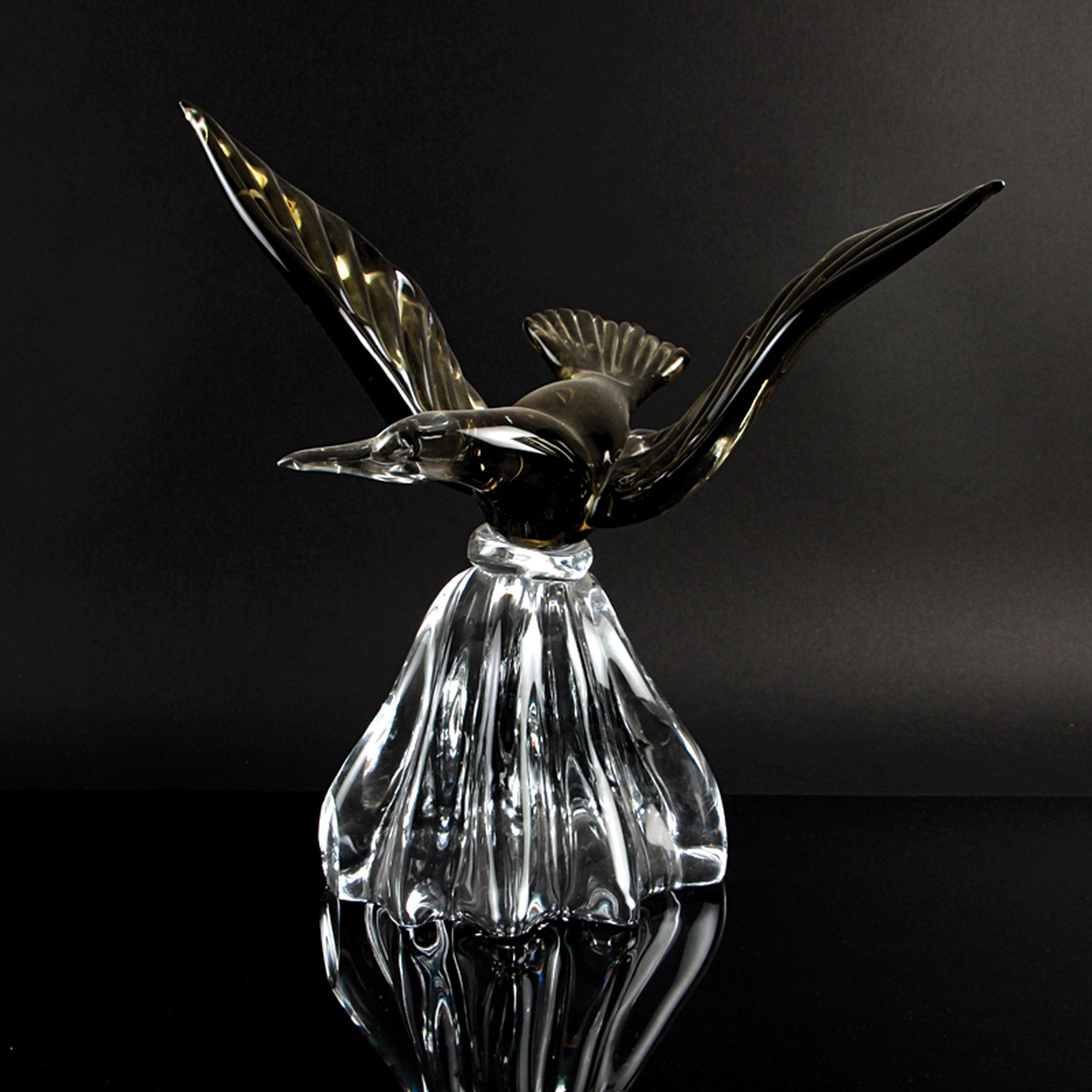 Glasskulptur Möwe, Alfredo Barbini, Murano, grün und blau getöntes Glas, schwere Qualität,am Boden signiert, H. 40 cm