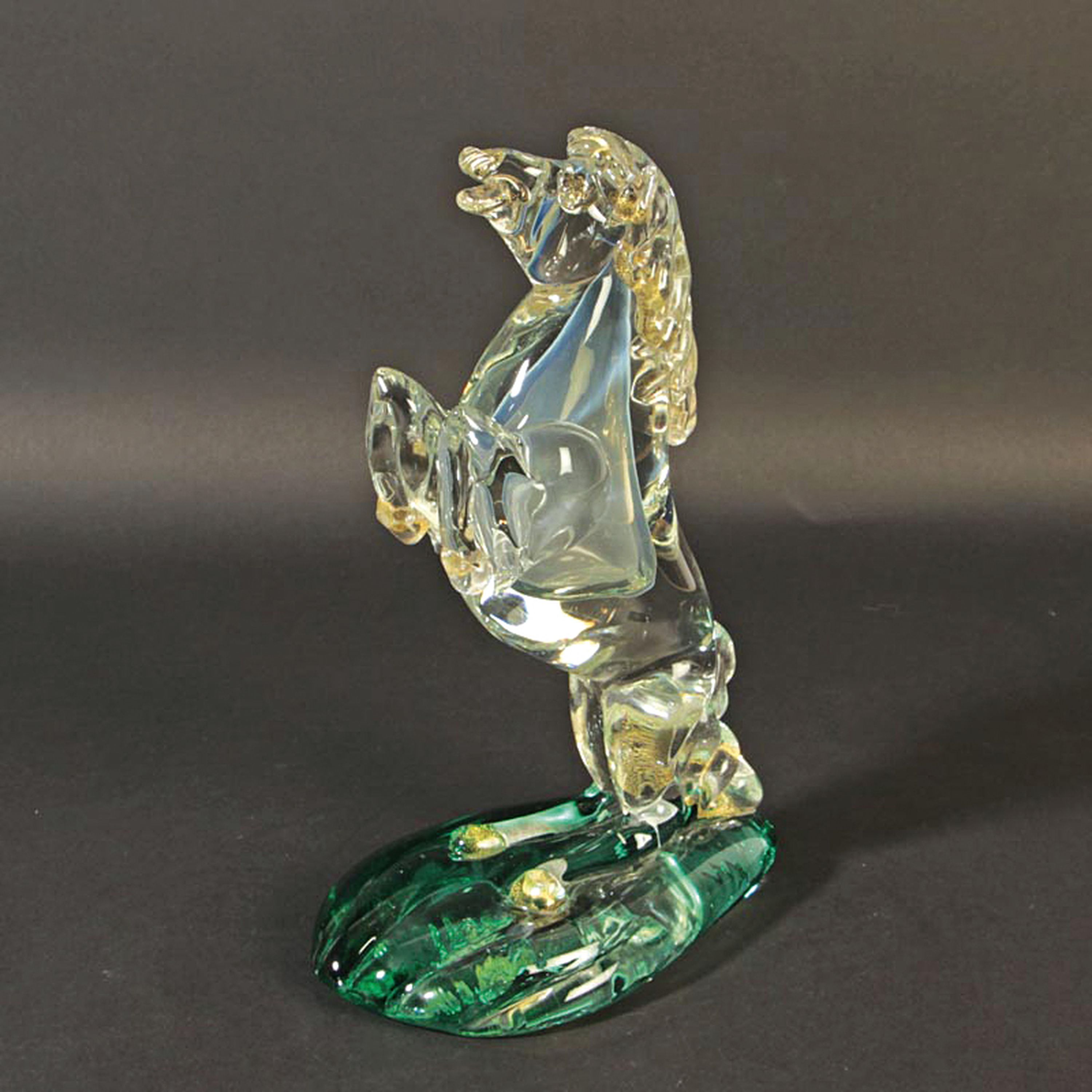 Detail e: 2 Glasskulpturen Pferde, Ermanno Nason für Cenedese, Murano, 1963-72, kleines Pferd mit Goldaufpuderung H. 21 cm; aufgerichtetes Pferd auf ...