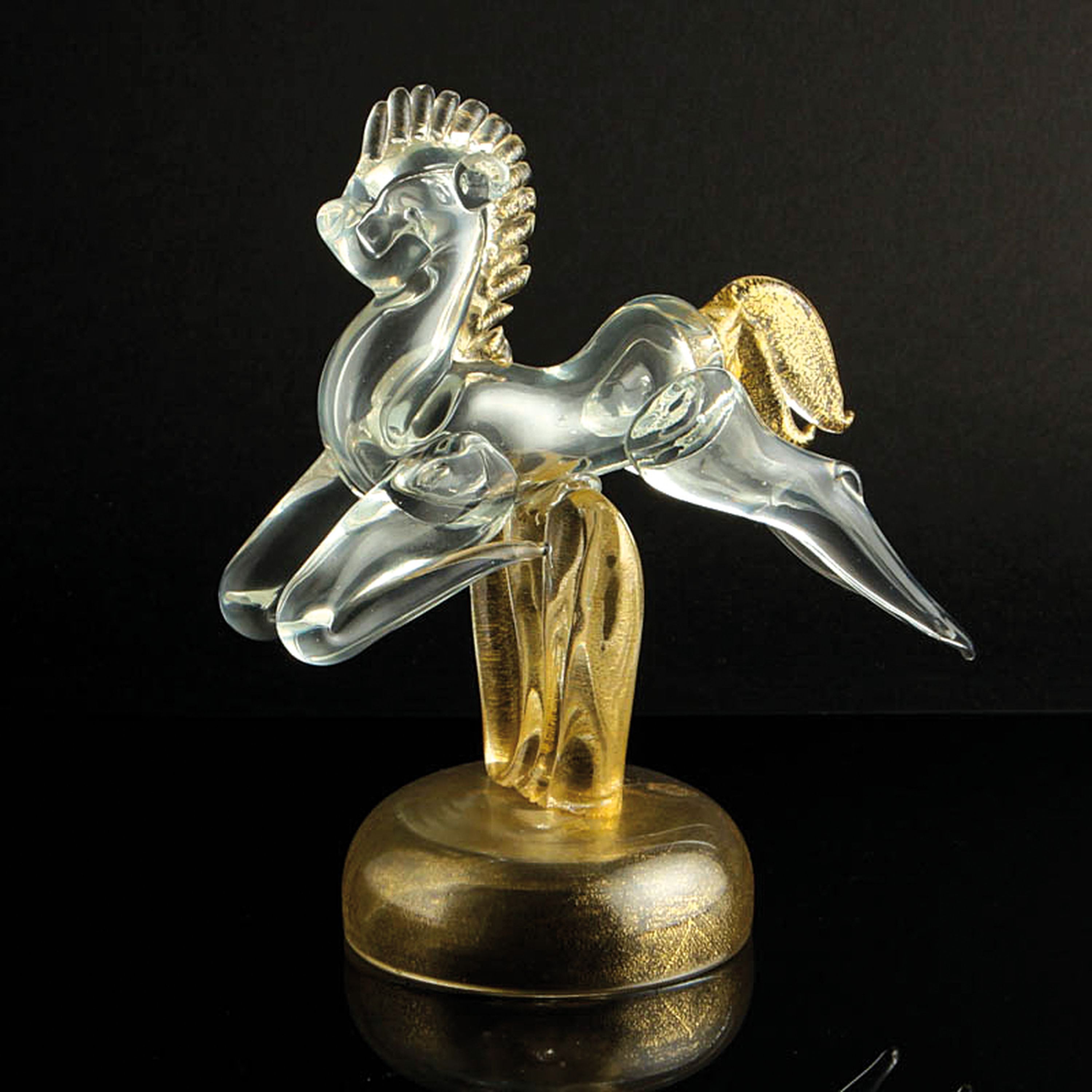 Detail g: 2 Glasskulpturen Pferde, Ermanno Nason für Cenedese, Murano, 1963-72, kleines Pferd mit Goldaufpuderung H. 21 cm; aufgerichtetes Pferd auf ...