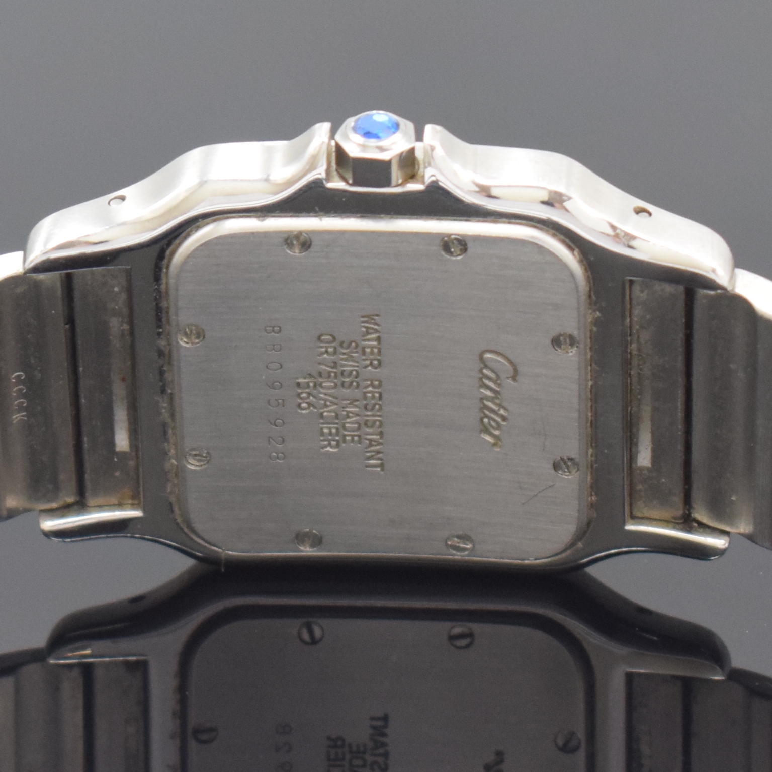 Detail g: CARTIER Armbanduhr Santos Galbée Referenz 1566, Schweiz um 1995, Edelstahl/Gold kombiniert inkl. Gliederband m. Faltschl., quarz, Boden 8-fach ...