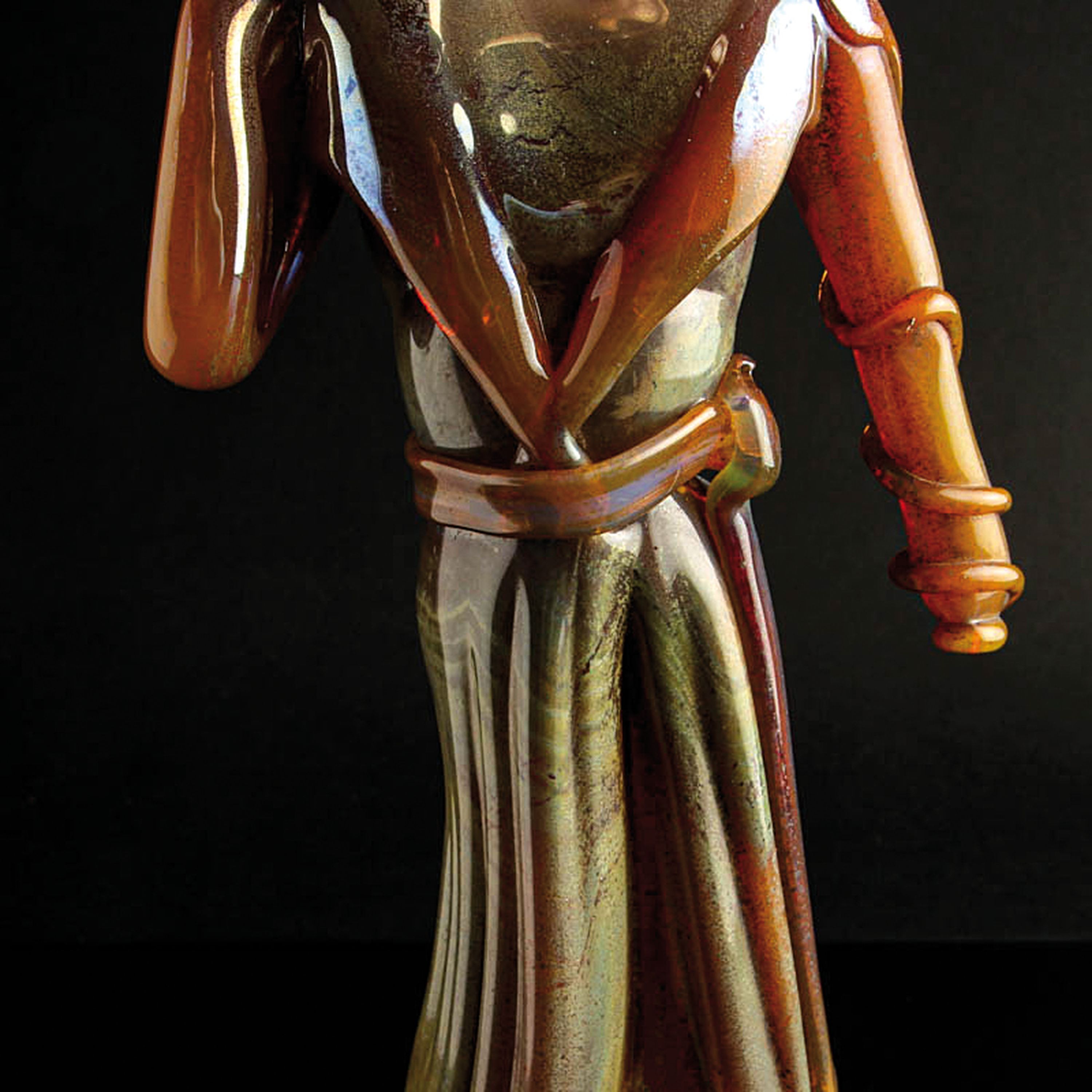 Detail f: Zwei Glasskulpturen Chinesen, Ermanno Nason für Cenedese, Murano, honigfarbenes Opalinglas, asiatisches Pärchen, H. 34 cm, männliche Figur mit ...