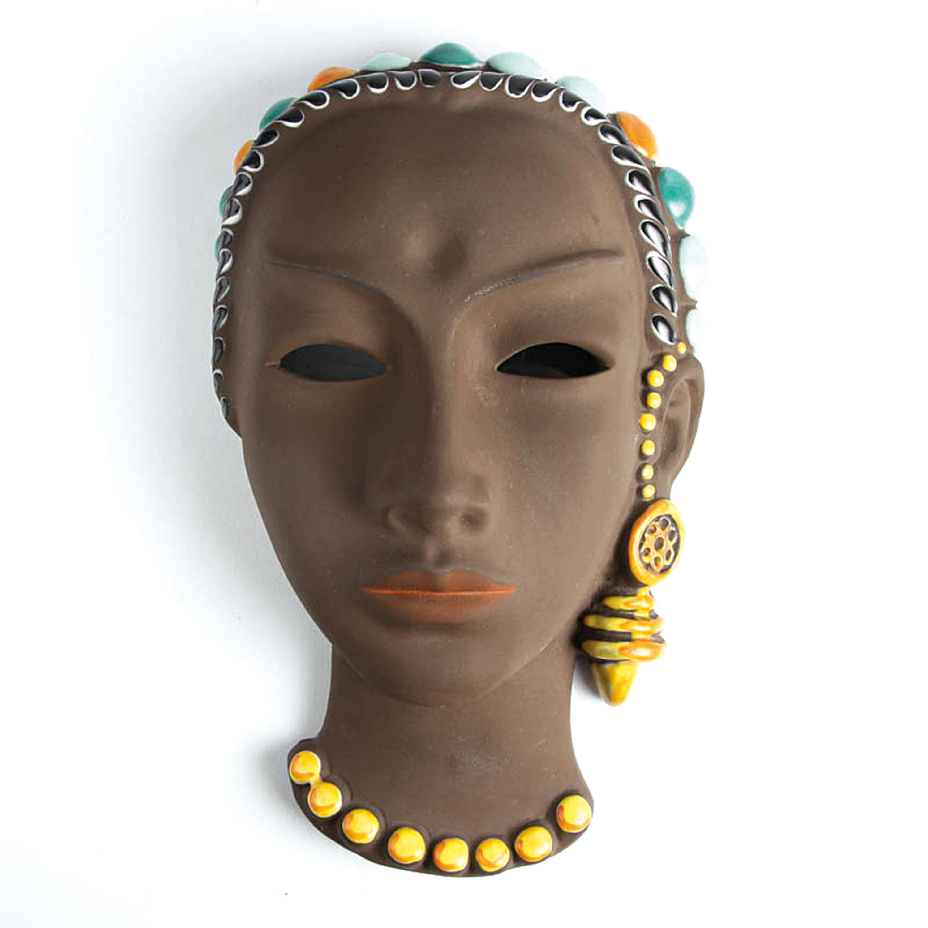 Detail a: Zwei Wandmasken, Lore Friedrich-Gronau & Gertrud Woltershoff, Karlsruher Majolika, brauner Ton, partiell farbig glasiert, Pressmarke, H. 21 cm