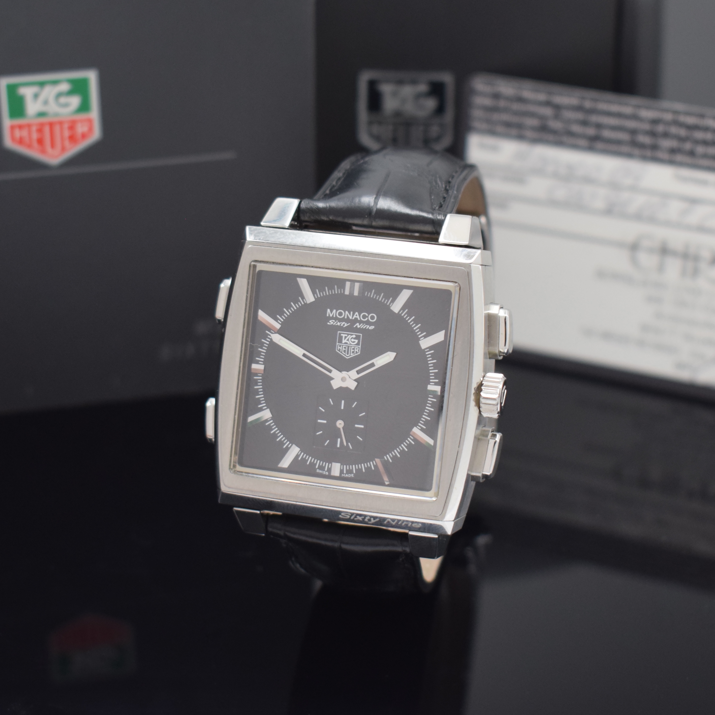 TAG HEUER Monaco Sixty Nine Armbandchronograph mit 2 Werken Referenz CW9110-0, Handaufzug, Edelstahl Wendegeh., orig. Lederband m. Faltschl., ...