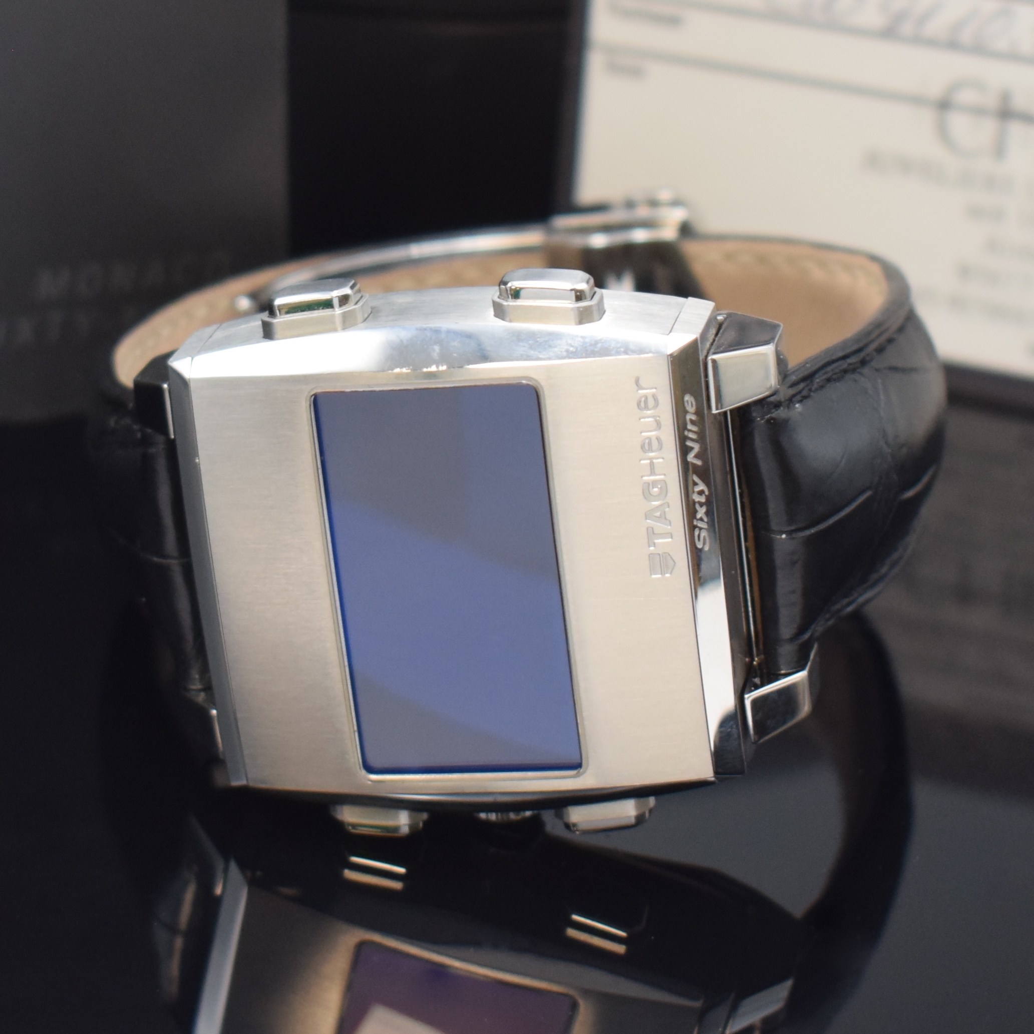 Detail b: TAG HEUER Monaco Sixty Nine Armbandchronograph mit 2 Werken Referenz CW9110-0, Handaufzug, Edelstahl Wendegeh., orig. Lederband m. Faltschl., ...
