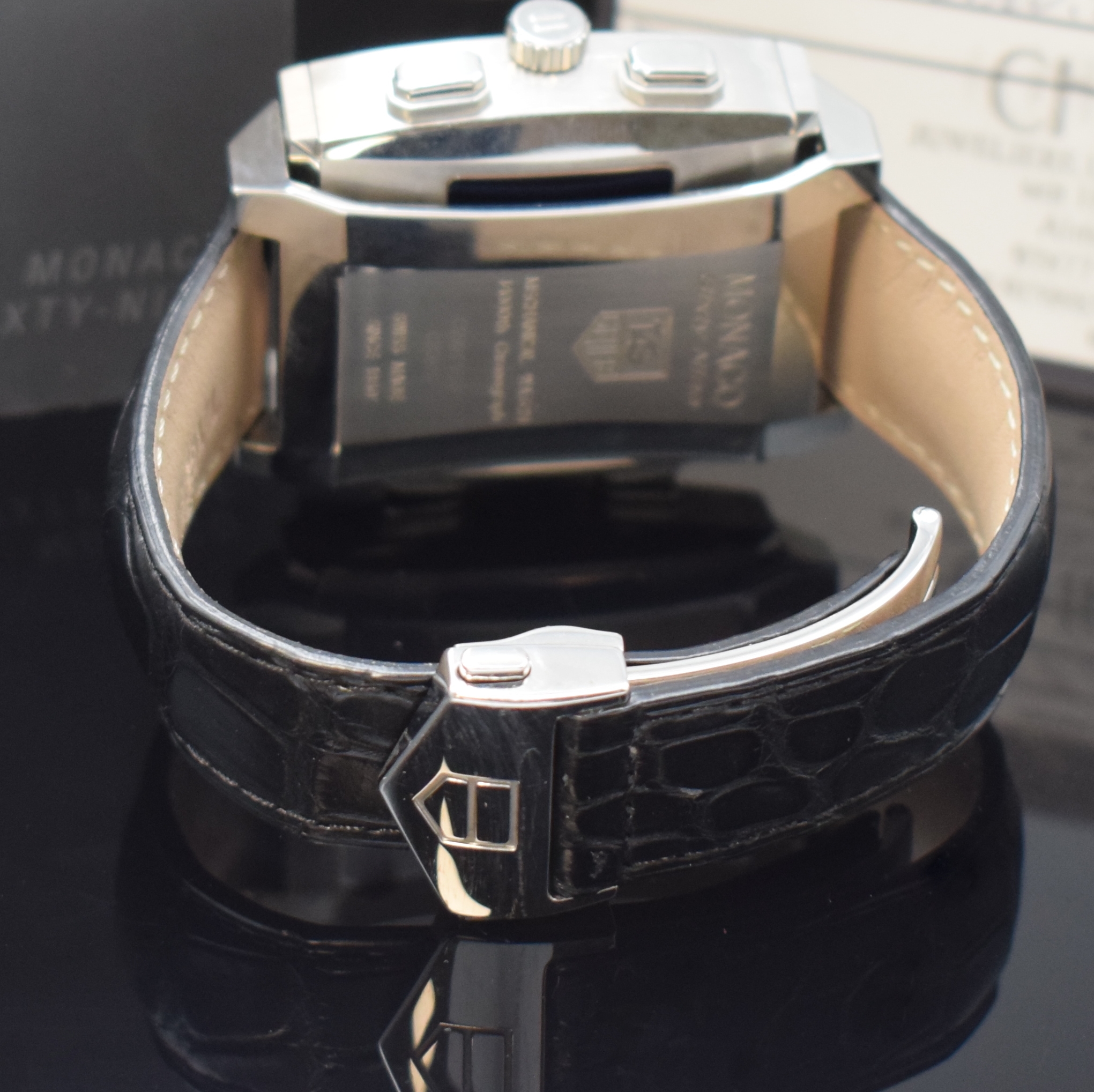 Detail c: TAG HEUER Monaco Sixty Nine Armbandchronograph mit 2 Werken Referenz CW9110-0, Handaufzug, Edelstahl Wendegeh., orig. Lederband m. Faltschl., ...