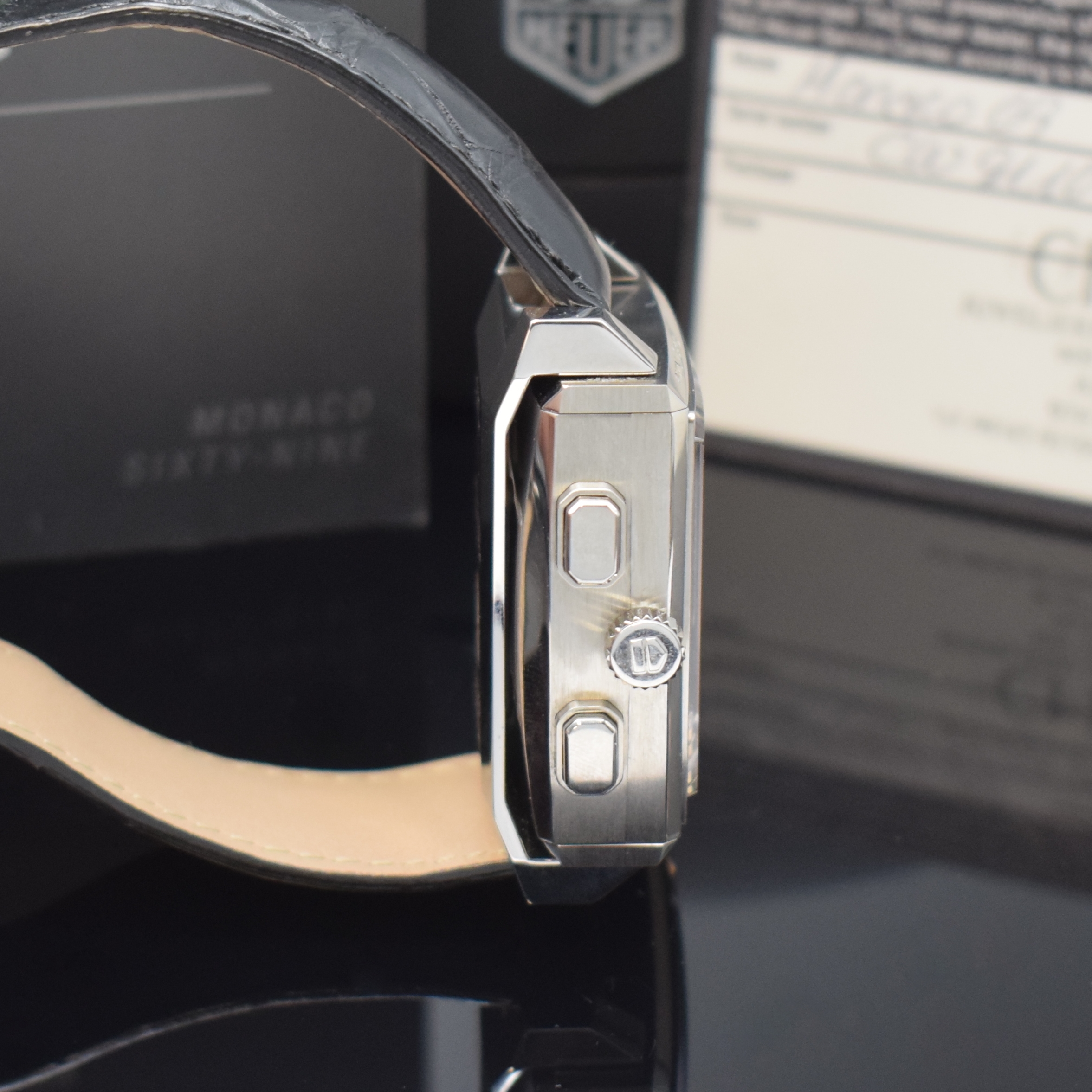 Detail d: TAG HEUER Monaco Sixty Nine Armbandchronograph mit 2 Werken Referenz CW9110-0, Handaufzug, Edelstahl Wendegeh., orig. Lederband m. Faltschl., ...