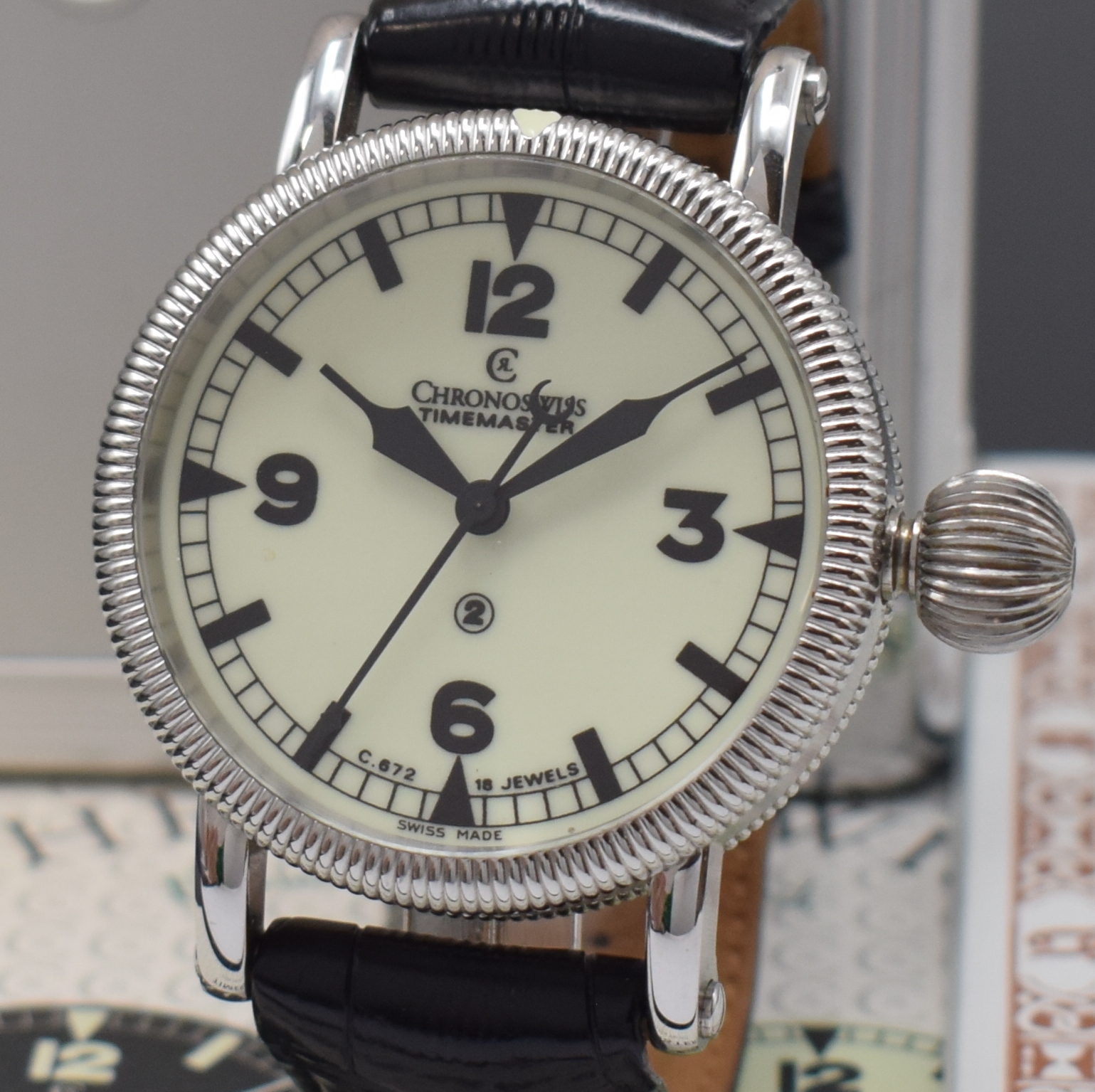 Detail a: CHRONOSWISS Timemaster Herrenarmbanduhr Referenz CH6233 in Stahl, Schweiz um 2002, Handaufzug, beids. vergl. Geh. m. drehbarer Riffel-Lünette, Boden ...