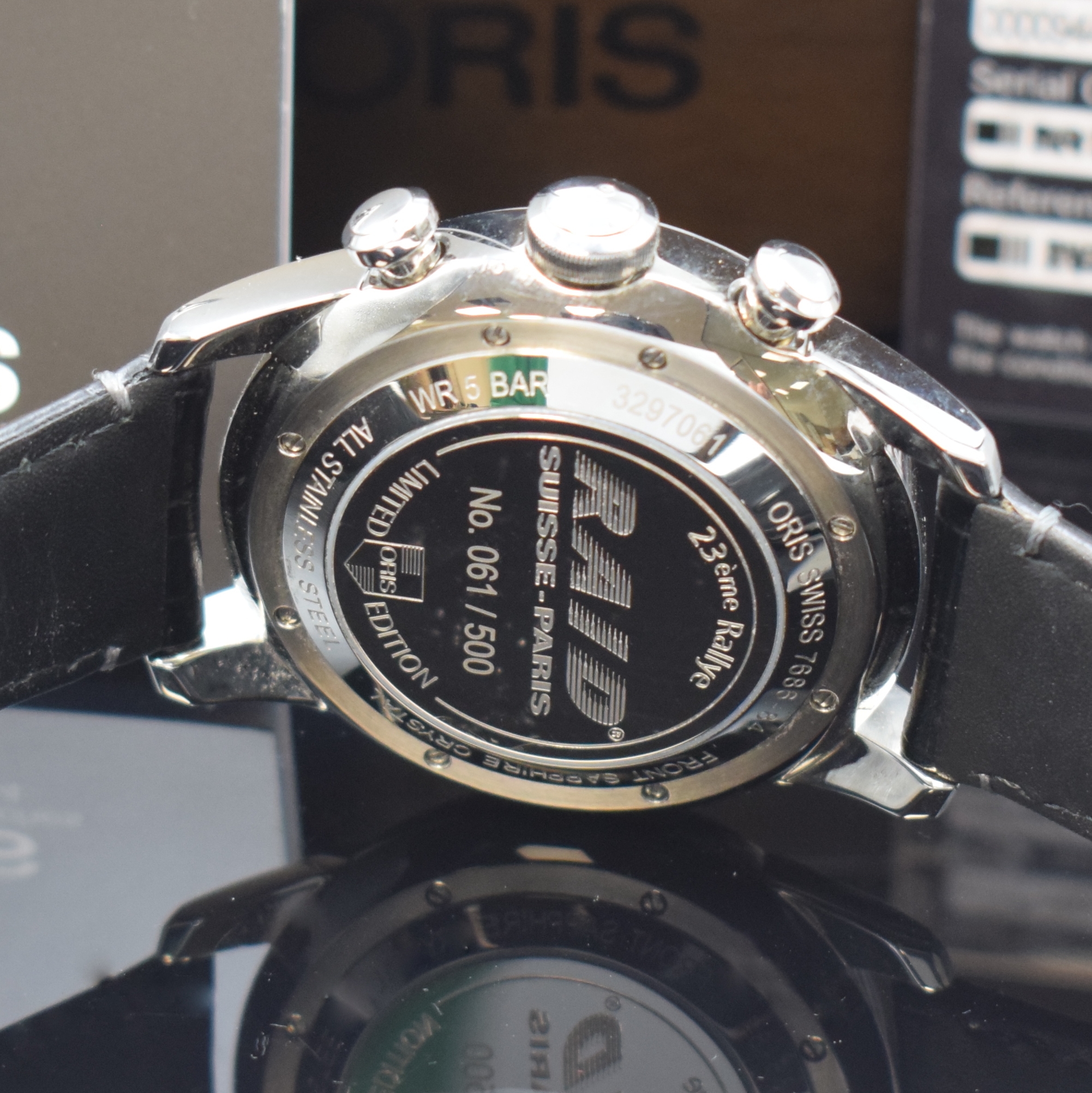 Detail d: ORIS Raid auf 500 Stück limitierter Armbandchronograph Referenz 7686-84, Schweiz um 2013, Automatik, Edelstahlgeh. inkl. orig. Lederband m. ...