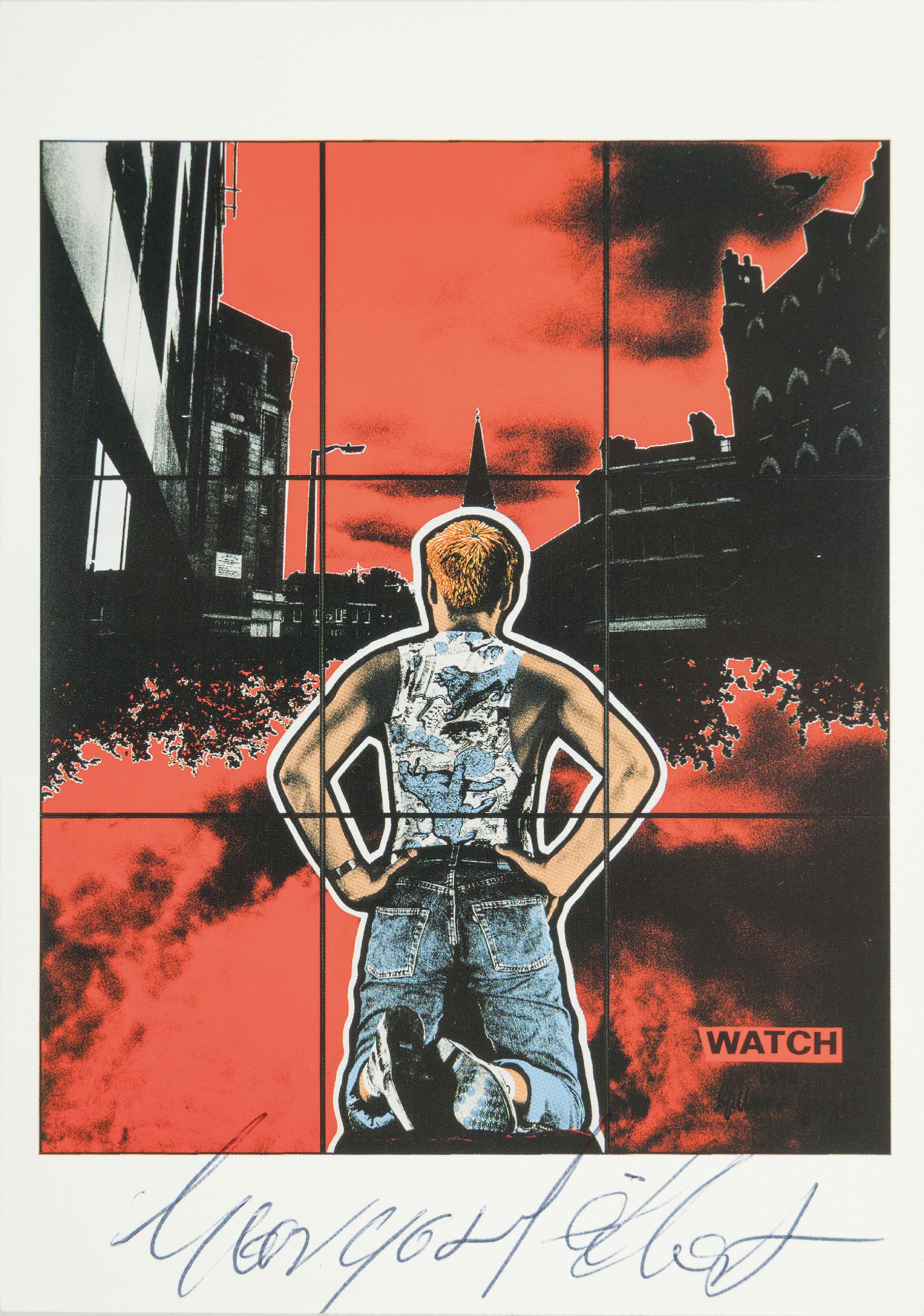 Gilbert & George, geb. 1943/1942, Postkarte mit Gefälligkeitssignatur, "WATCH" (1988), 2000er-Jahre, 10,5x15 cm