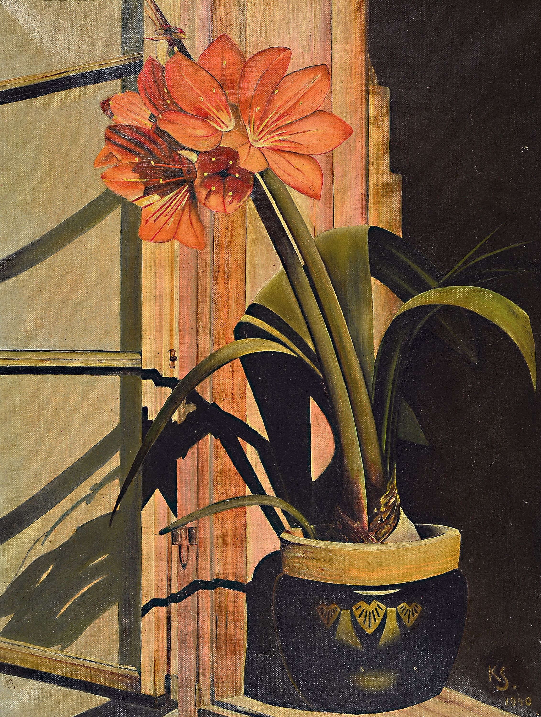 Monogrammist KS, datiert 1940, neusachlichesStillleben, Amaryllis im Topf vor Fenster, rechts unten monogrammiert und datiert 1940, Öl/Lwd, 60x46 ...