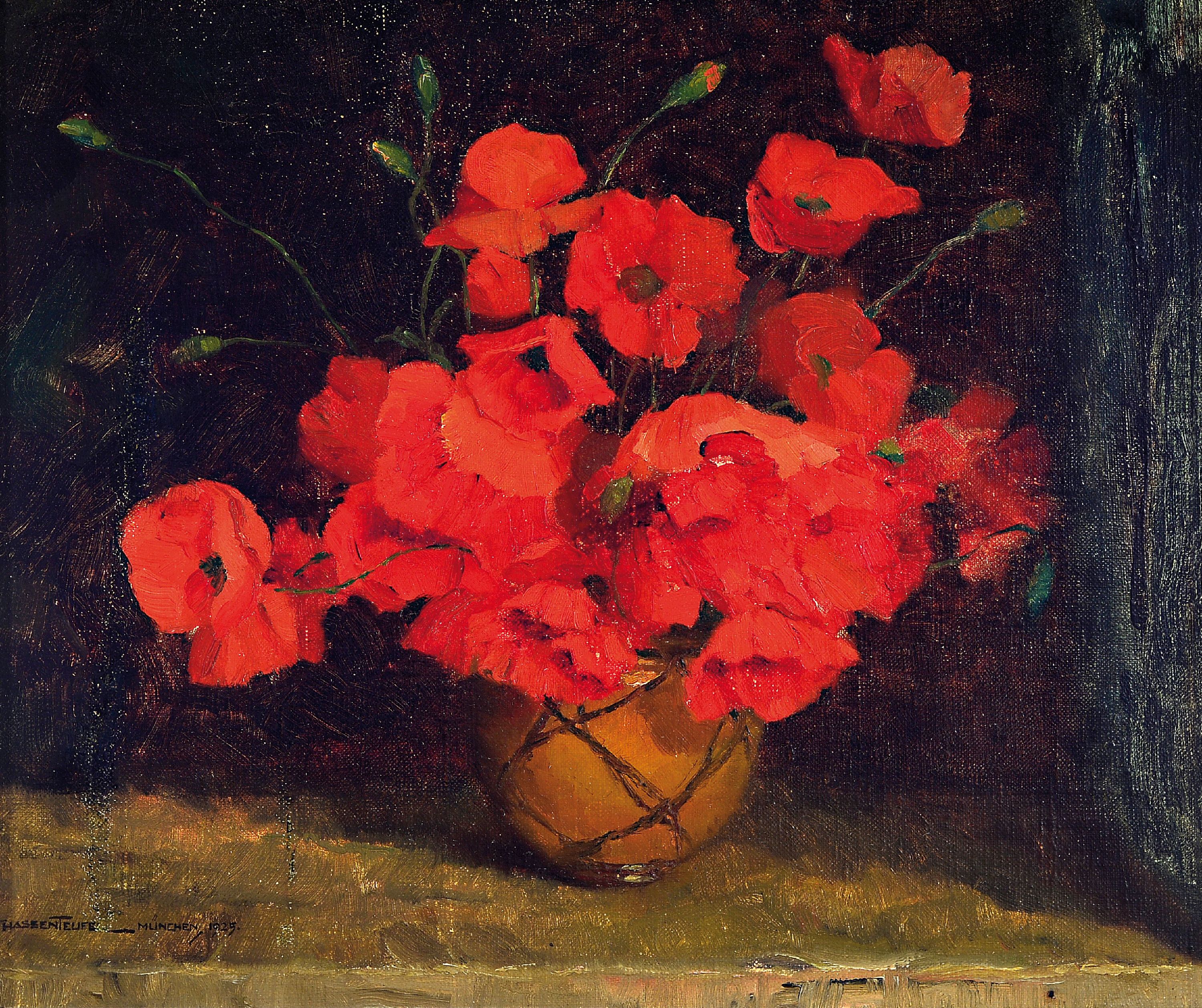 Dorothea Hassenteufel, Künstlerin Anfang des 20.Jh., Stillleben mit Mohnblumen, links unten signiert und datiert 1925, Öl/Lwd, 34x40cm, Rahmen ...
