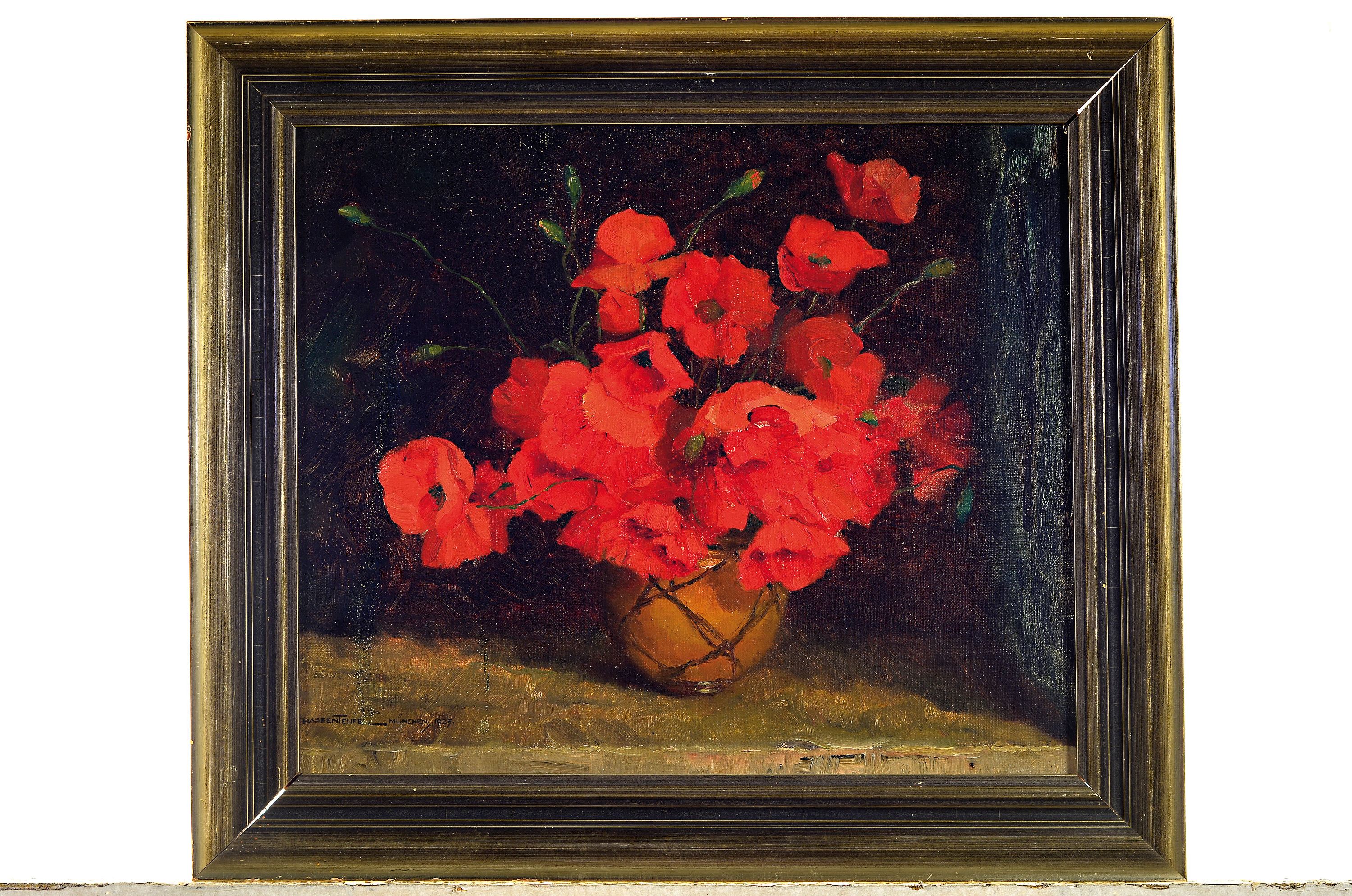 Detail k: Dorothea Hassenteufel, Künstlerin Anfang des 20.Jh., Stillleben mit Mohnblumen, links unten signiert und datiert 1925, Öl/Lwd, 34x40cm, Rahmen ...