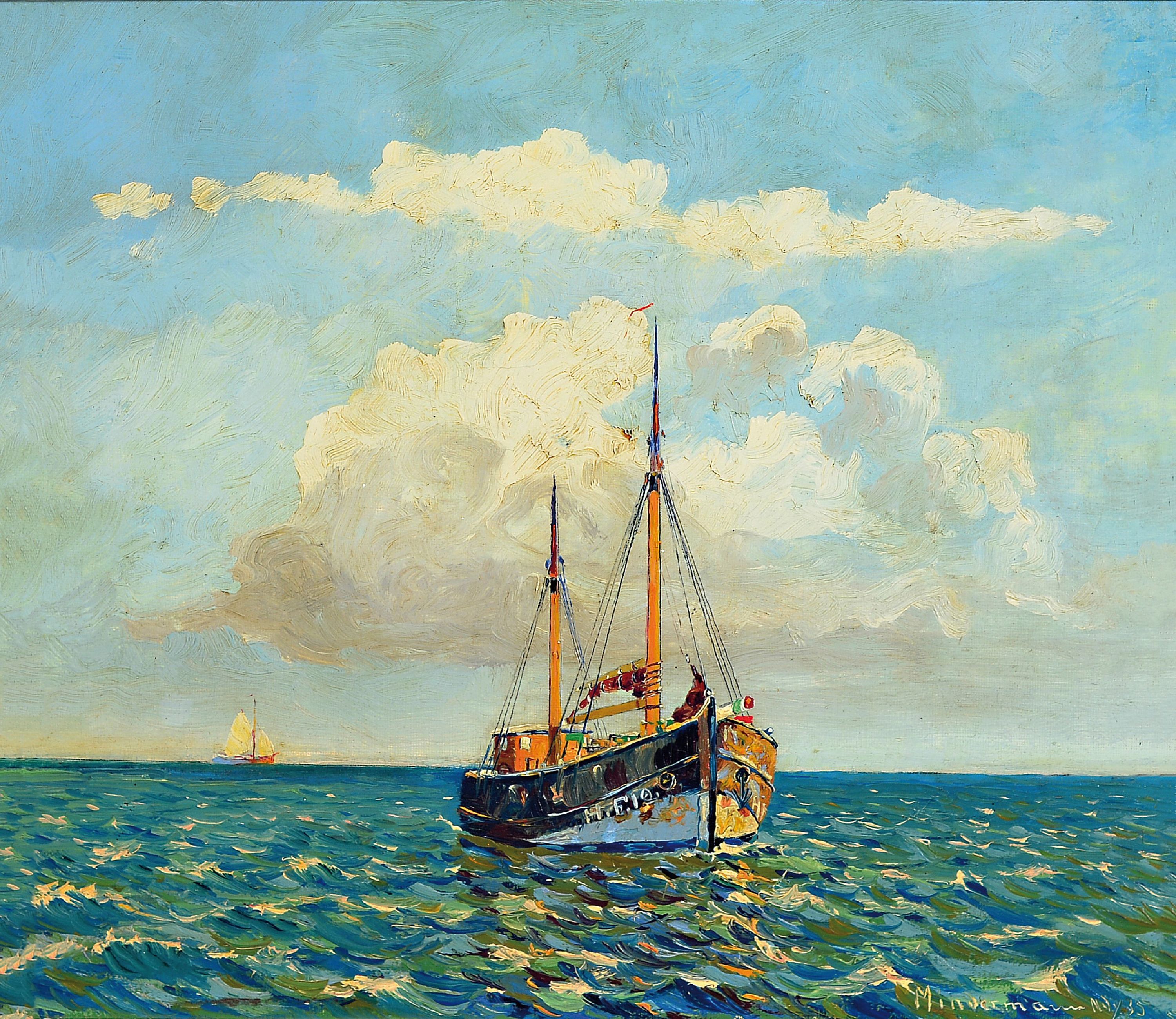 Heinz Mindermann, 1872 Bremen-1959 Norderney , Fischerboot vor leicht bewölktem Himmel, rechts unten signiert und datiert 1935, Öl/Lwd, Rahmen ...