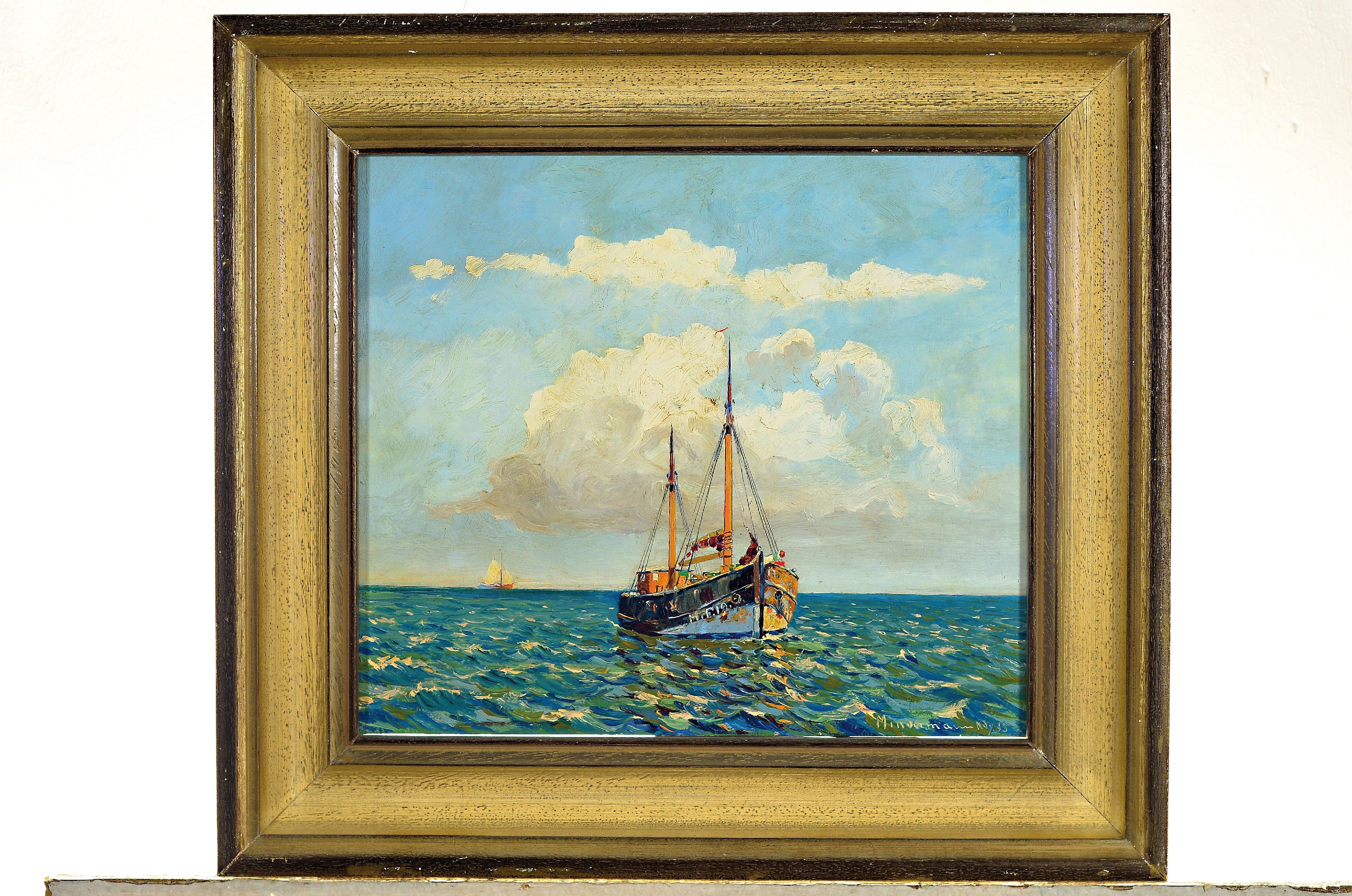 Detail k: Heinz Mindermann, 1872 Bremen-1959 Norderney , Fischerboot vor leicht bewölktem Himmel, rechts unten signiert und datiert 1935, Öl/Lwd, Rahmen ...