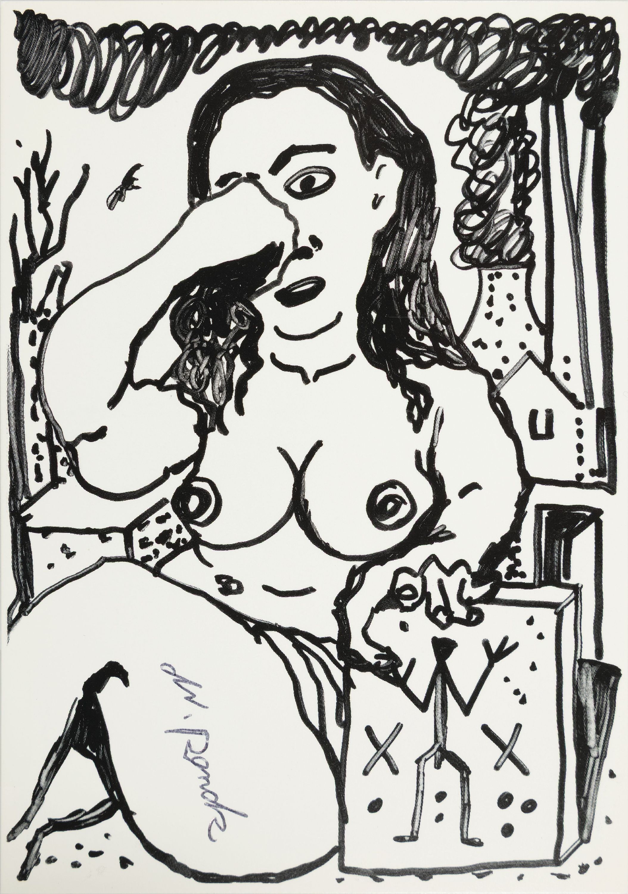 Detail b: A.R. Penck, 1939-2017, Postkarte mit Gefälligkeitssignatur, dazu: "Menschen und Tiere nach der Öffnung", Postkarte ca.15x11 cm, 30x20