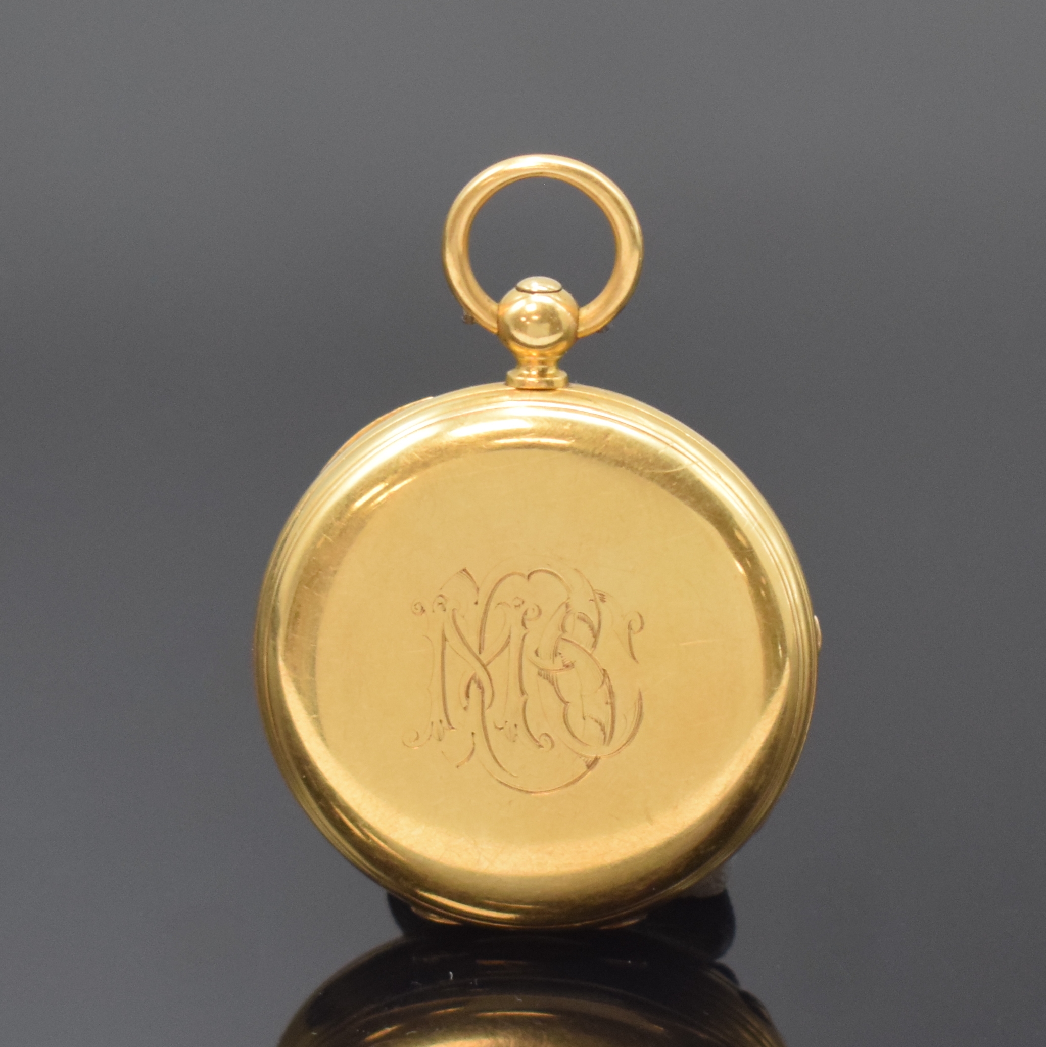 Detail a: M. F. DENT LONDON Taschenuhr Nr. 24822 in GG 750/000, England um 1865, rückseitig Schmuckmonogramm, Gold Zifferblatt im Zentrum guill., gebl. ...
