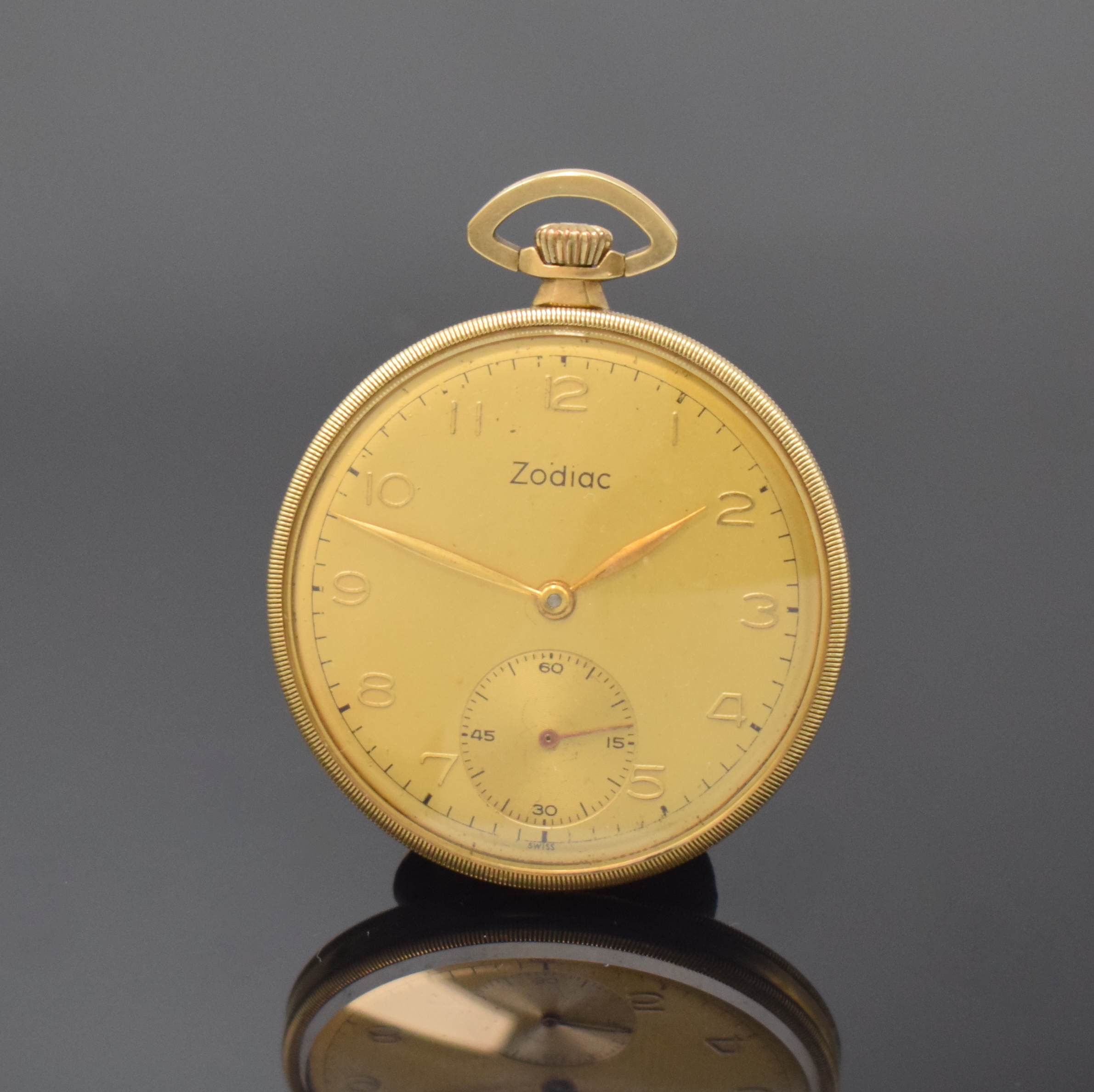 ZODIAC offene Herrentaschenuhr in GG 750/000, Schweiz um 1930, 3-teil. Geh., Boden und Glasrand aufgedr., gold. Zifferbl. m. aufges. Std.-Zeichen ...