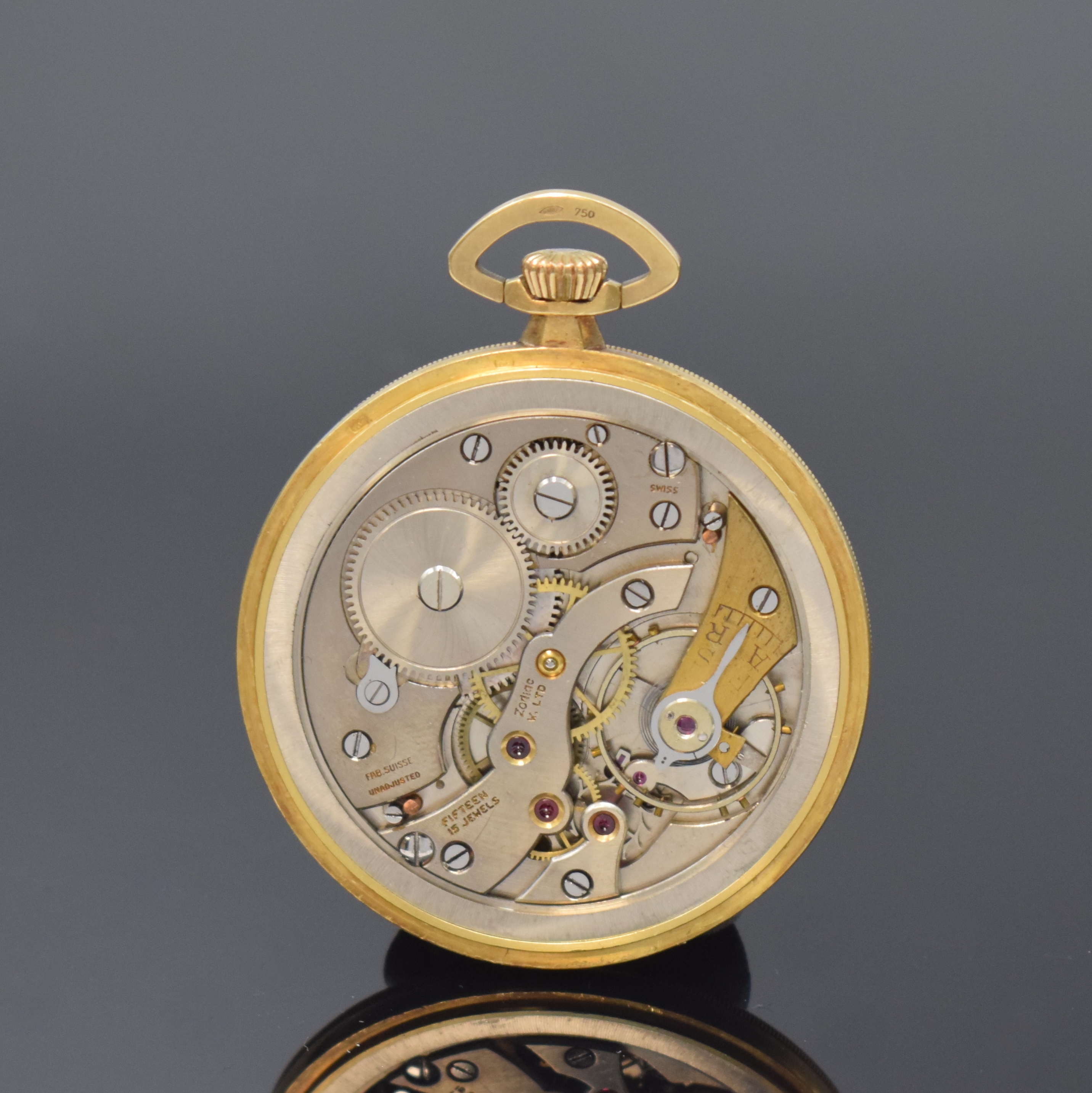 Detail c: ZODIAC offene Herrentaschenuhr in GG 750/000, Schweiz um 1930, 3-teil. Geh., Boden und Glasrand aufgedr., gold. Zifferbl. m. aufges. Std.-Zeichen ...
