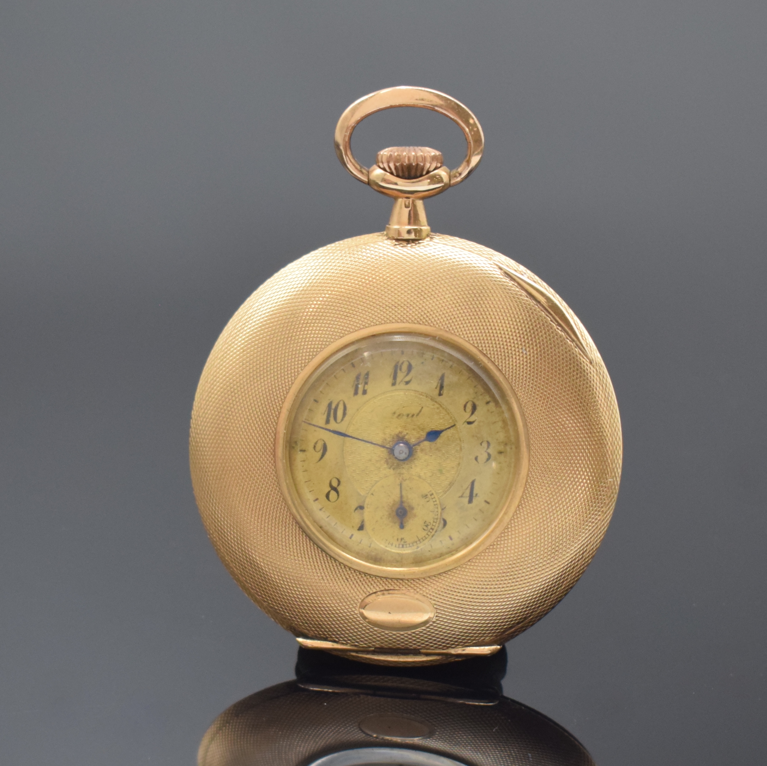 THE LORD WATCH offene Herrentaschenuhr in RG 585/000, Schweiz um 1920, 3-teil. Goldgeh. sym. guill./l. dell., Boden m. freiem Monogrammspiegel, verg. ...