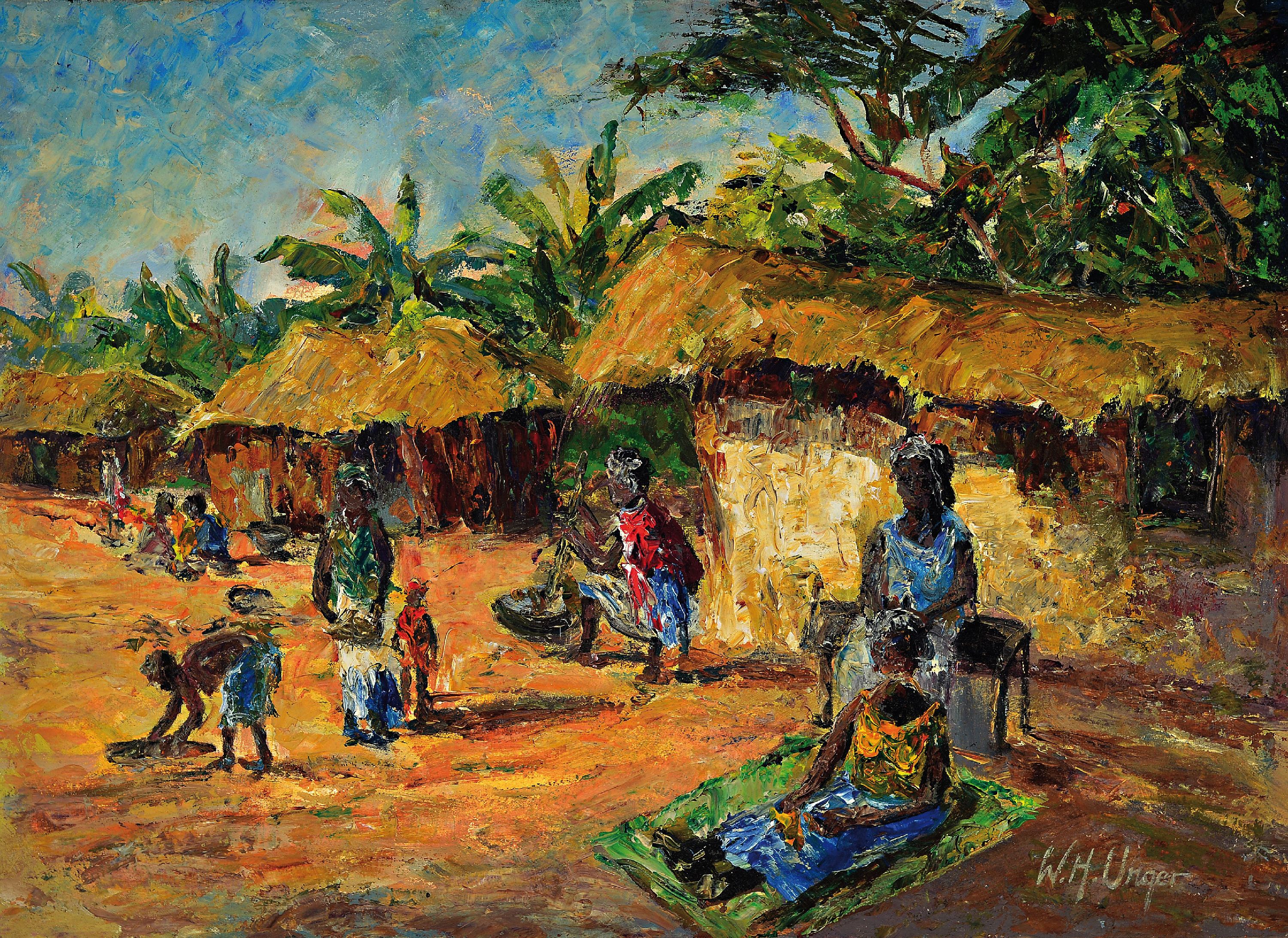 Wolfgang Heinz Unger, 1929-2019, "bei Nairobi", verso betitelt, 1969, afrikanische Dorflandschaft, signiert. Öl/Lwd, 50x70 cm