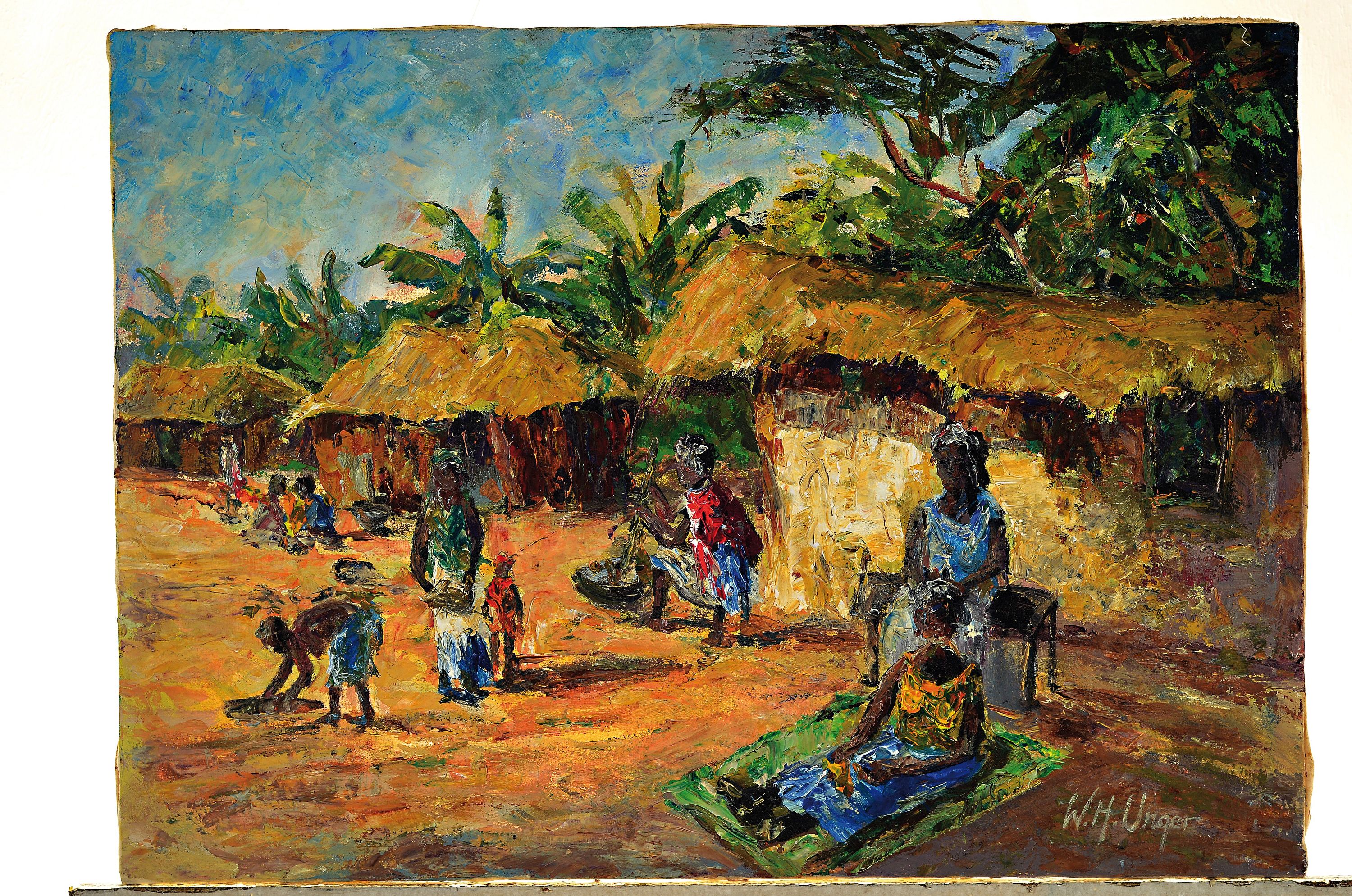 Detail k: Wolfgang Heinz Unger, 1929-2019, "bei Nairobi", verso betitelt, 1969, afrikanische Dorflandschaft, signiert. Öl/Lwd, 50x70 cm
